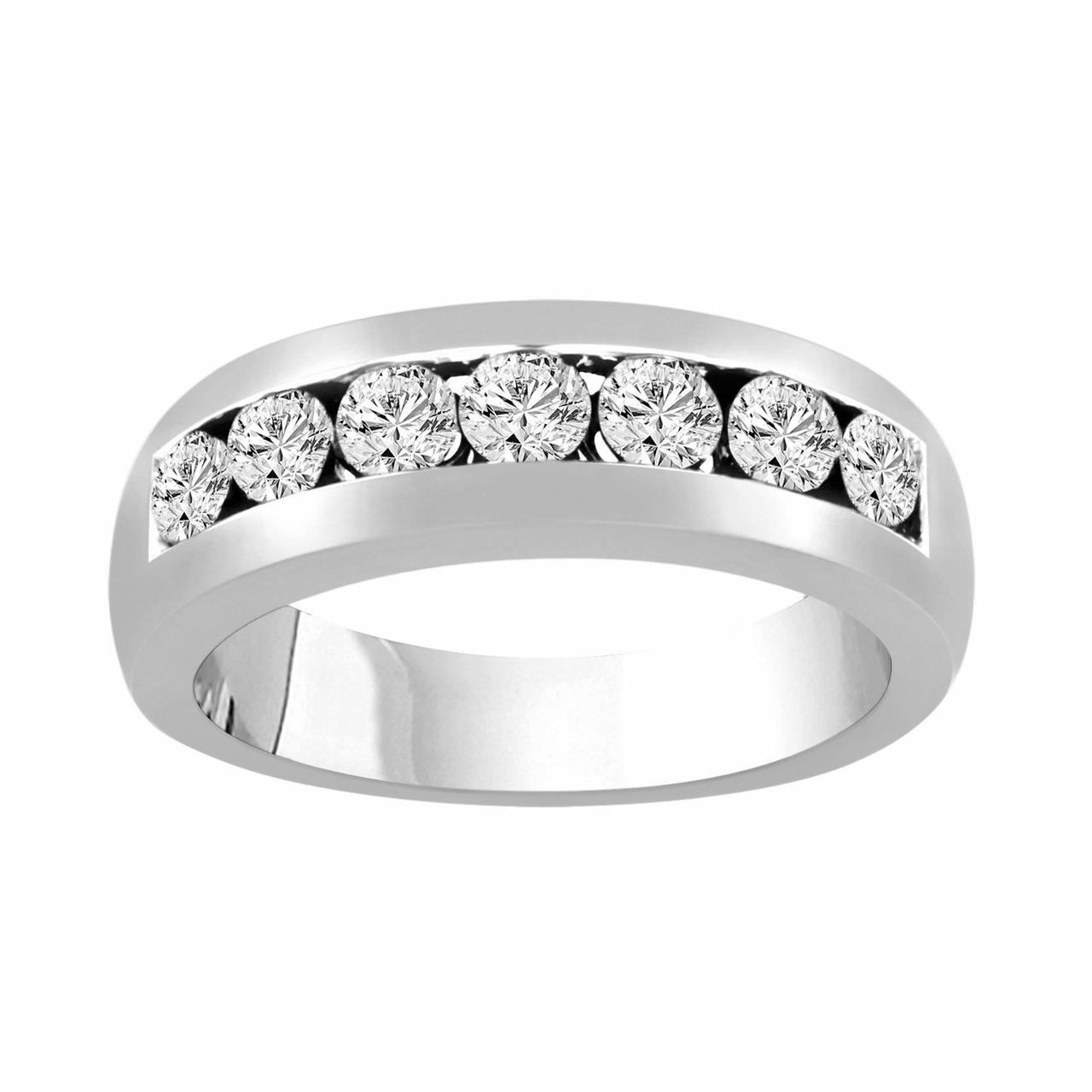 Mens Diamond Wedding Band, Anniversary Ring, 0.77 Carat 14K White Gold 7  Stone Canal Set 6 mm Unisex Handmade