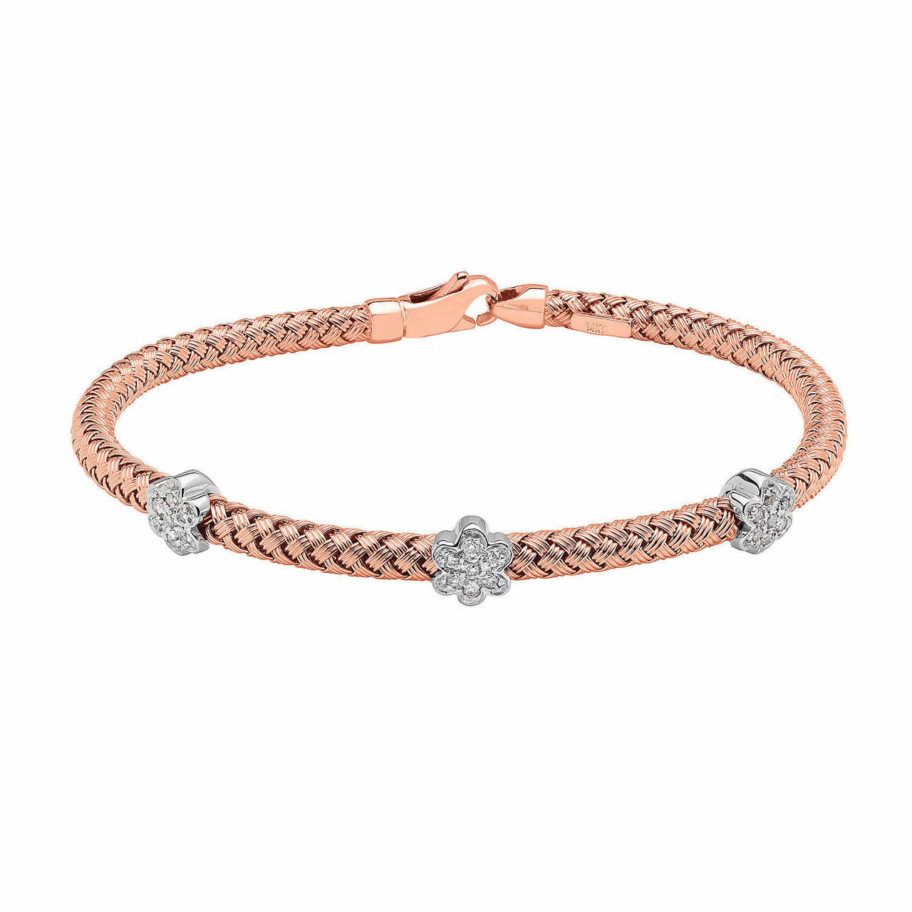 14k Rose Gold Mesh Flower Diamond Bangle Bracelet 0.25 Carat Handmade Pave  Set Two Tone Gold