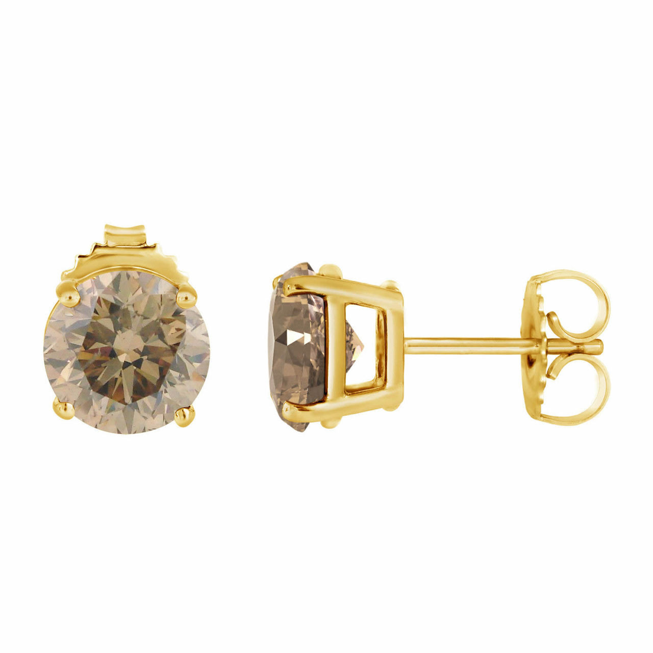 Champagne Diamond Stud Earrings 1.00 Carat 14K Yellow Gold HandMade