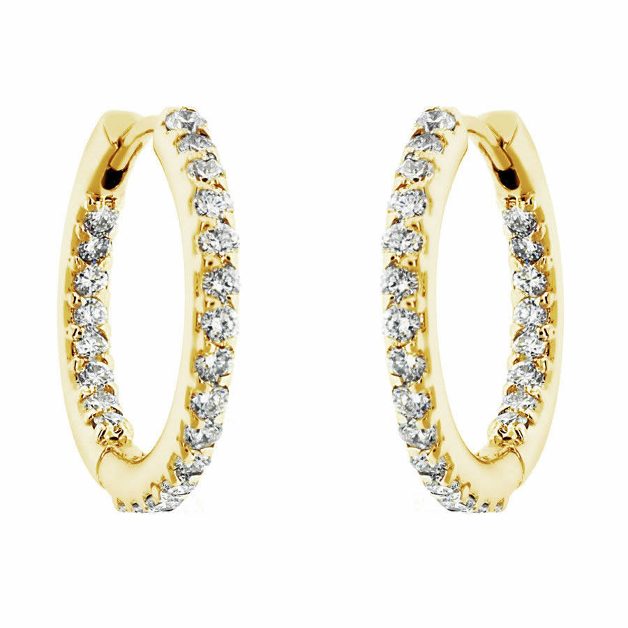 14K Yellow Gold Inside & Outside Diamonds Hoop Earrings 0.75 inch