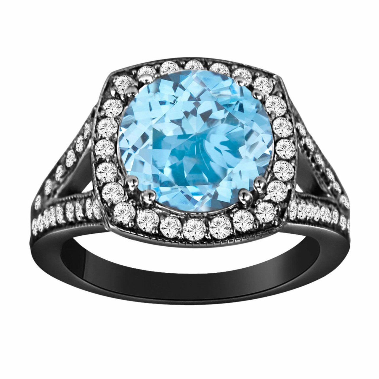 Blue Topaz Diamond Engagement Ring Vintage Style 14K Black Gold - Main Image