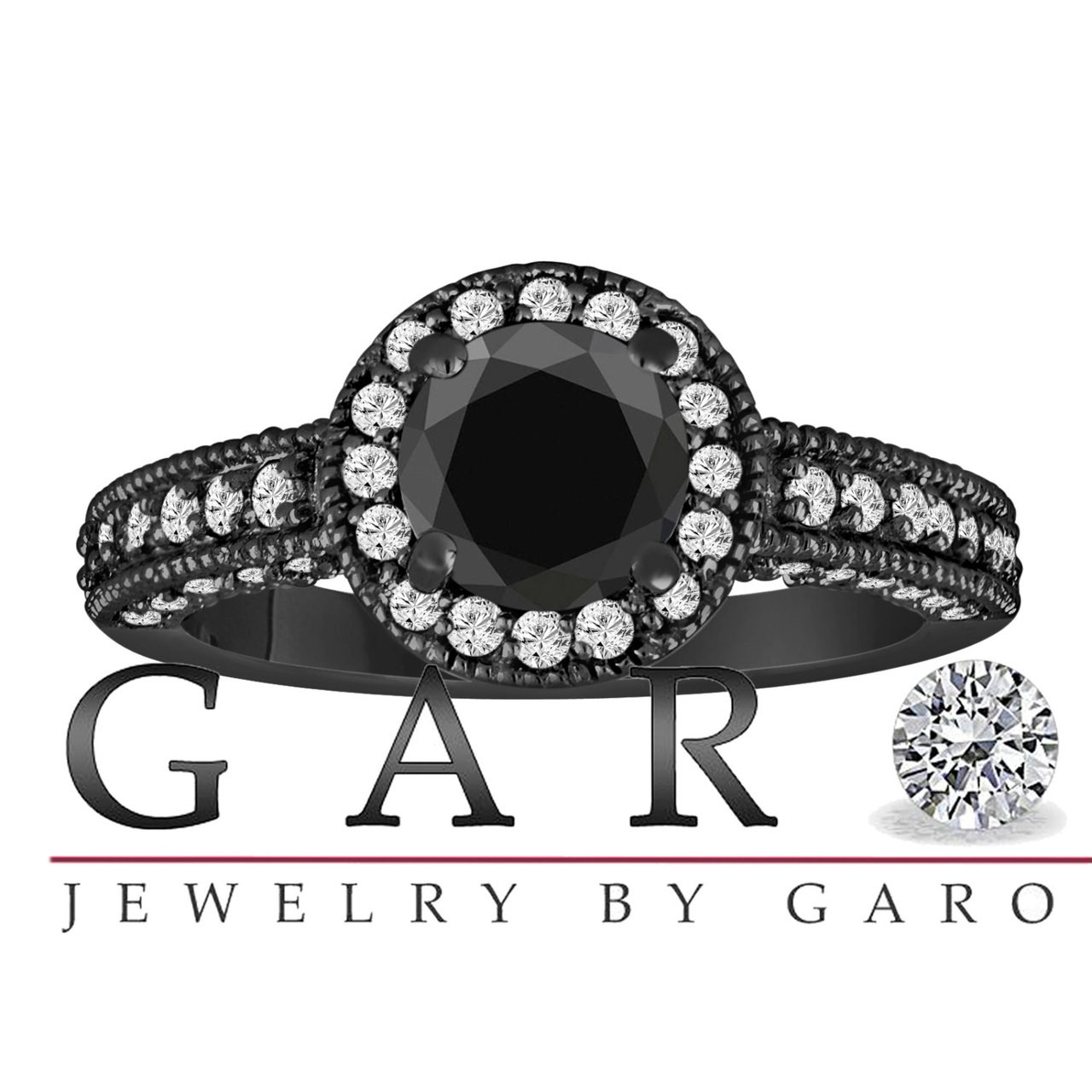 Black Diamond Engagement Ring Carat Vintage Style 14K Black