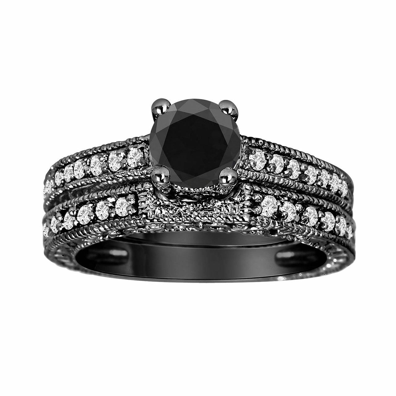 I Do Wedding Rings- 1.5ct Round Cut Diamond Skull Wedding Rings in 14k  White Gold and Black Enamel from Black Diamonds New York