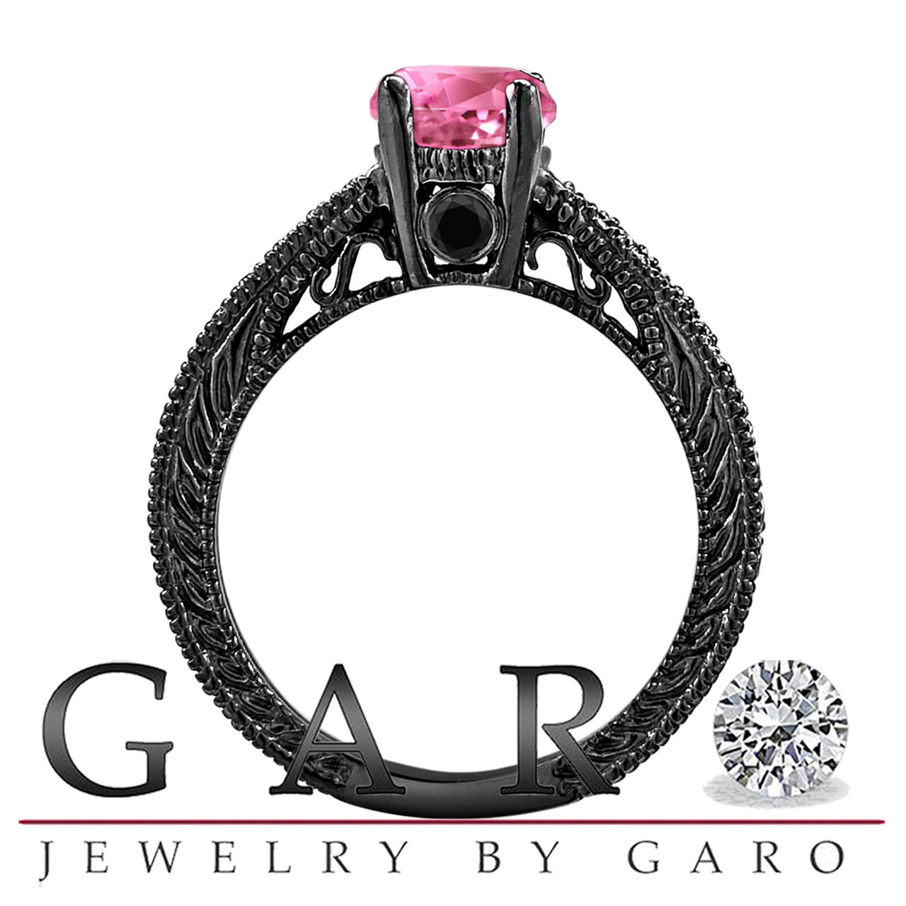 Pink Tourmaline & Black Diamond Engagement Ring 14K Black Gold