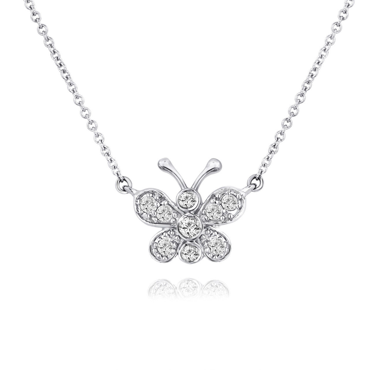 Diamond Butterfly Pendant Necklace 14K White Gold 0.33 Carat Pave Set