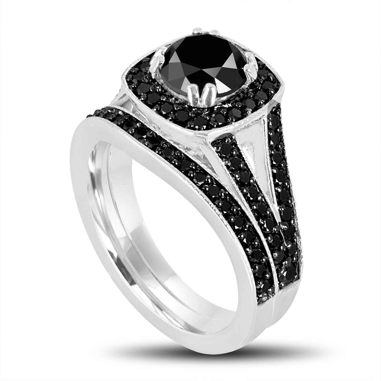 Platinum Black Diamonds Engagement Ring and Wedding Band Sets 1.82