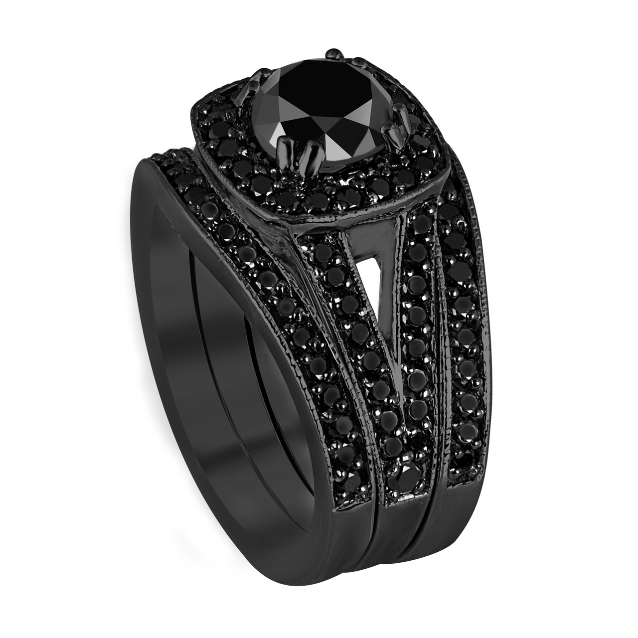 Trio Black  Diamonds  Engagement Ring  Set Wedding  