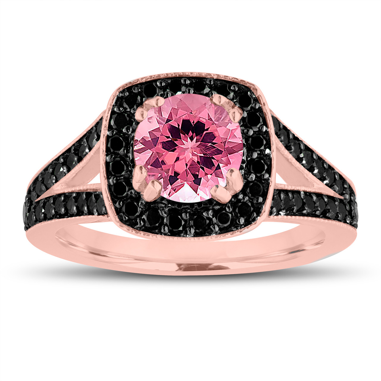 Pink Tourmaline And Fancy Black Diamonds Engagement Ring 14K Rose