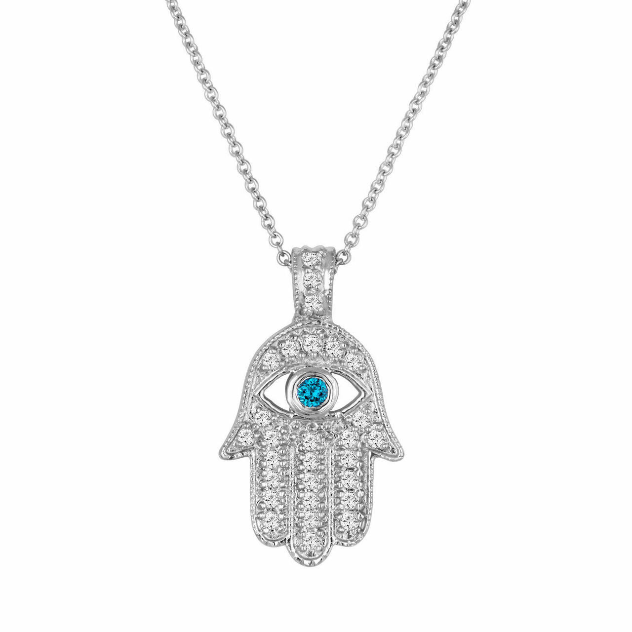 Platinum Diamond Hamsa Pendant Necklace 0.37 Carat Handmade Pave Set Fancy  Blue Diamond Eye Hand Of GOD