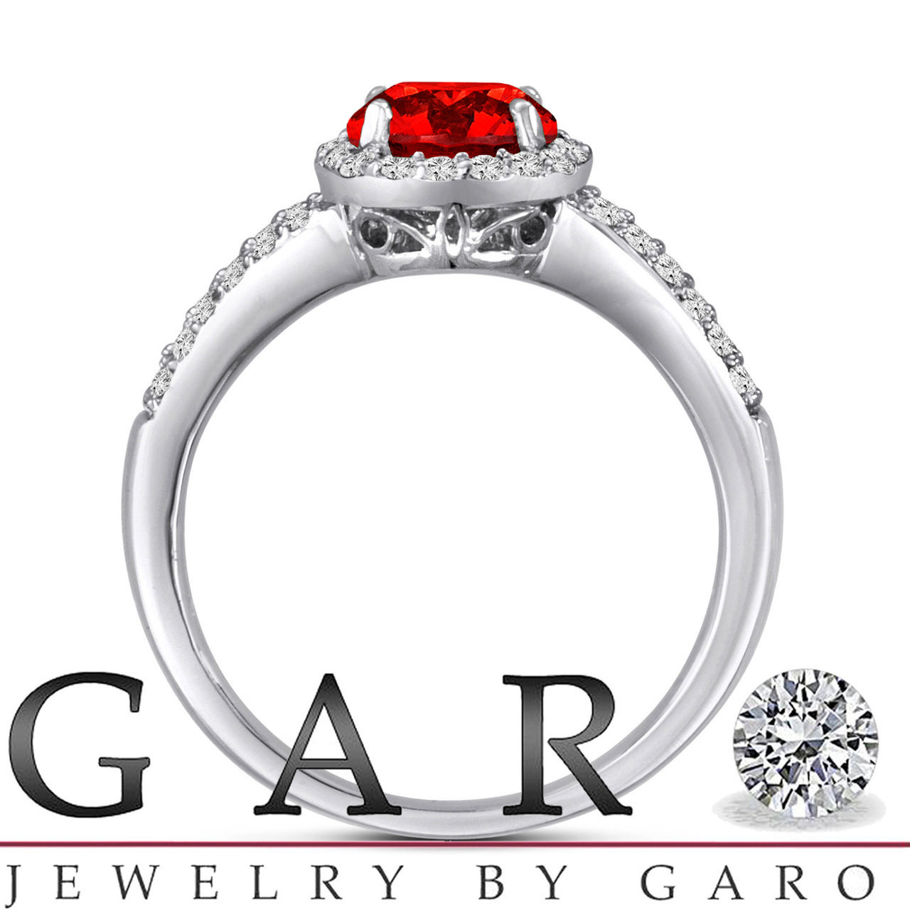 1.00 Carat Fancy Red Diamond Engagement Ring 14K White Gold Halo Pave