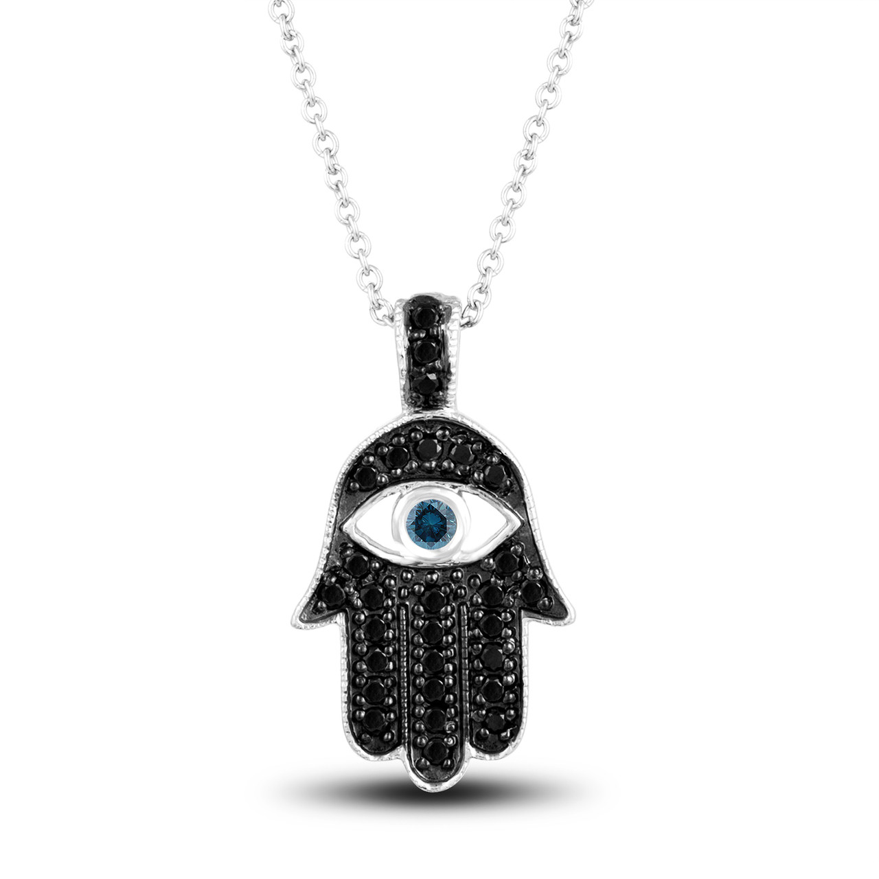 Platinum Diamond Hamsa Pendant Necklace 0.37 Carat Handmade Pave Set Fancy  Blue Diamond Eye Hand Of GOD