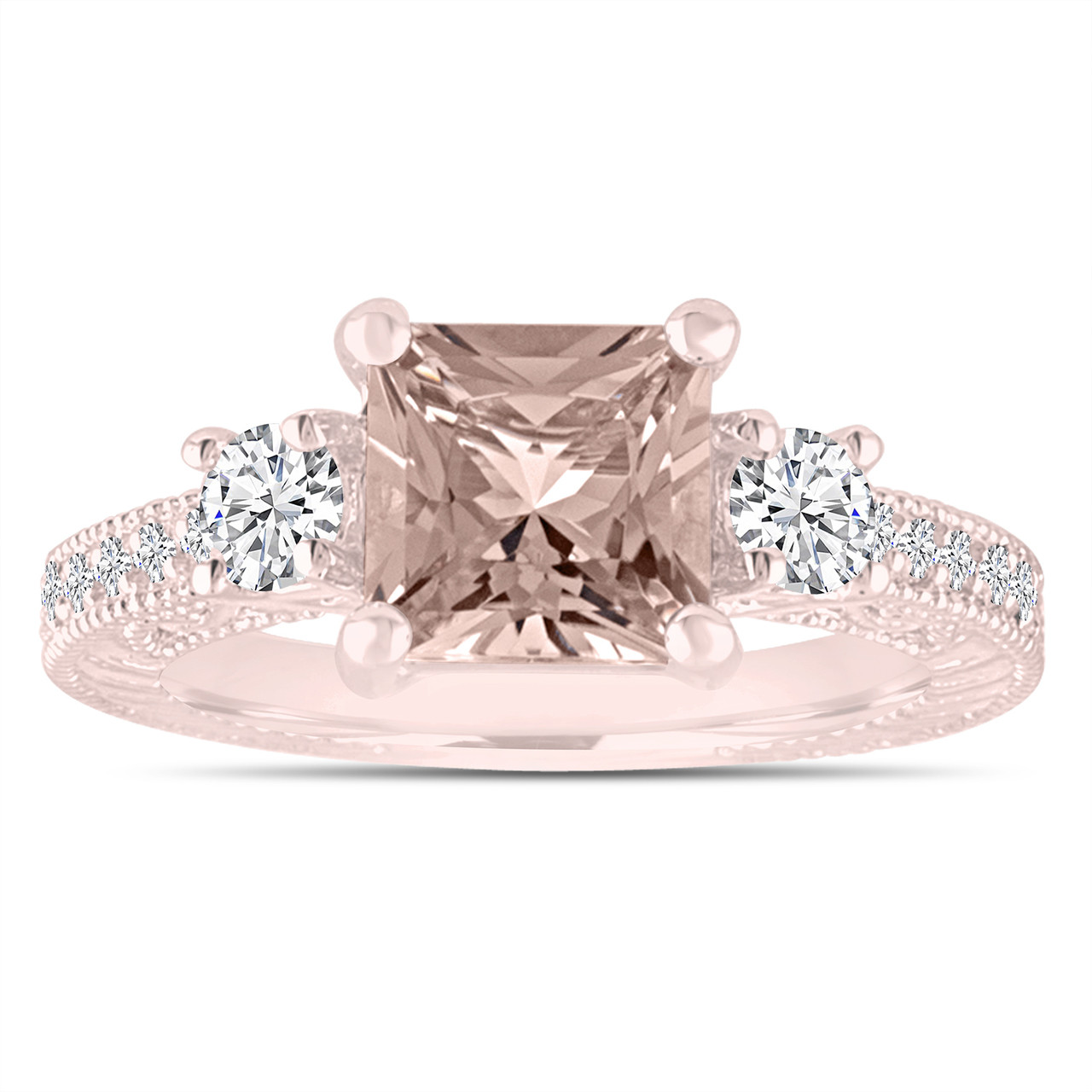 Princess Cut Morganite Engagement Ring Rose Gold Three Stone Diamond Wedding Ring 188 Carat