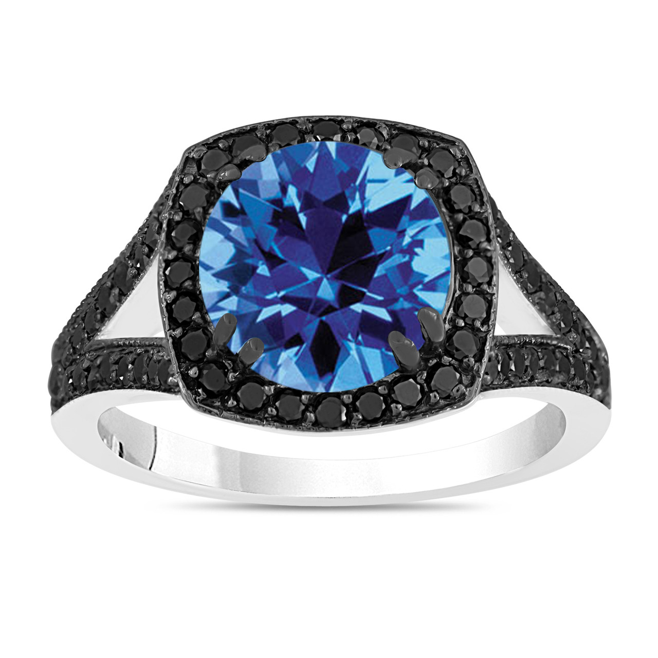 Carat Blue Topaz Engagement Ring, Wedding Ring With Black