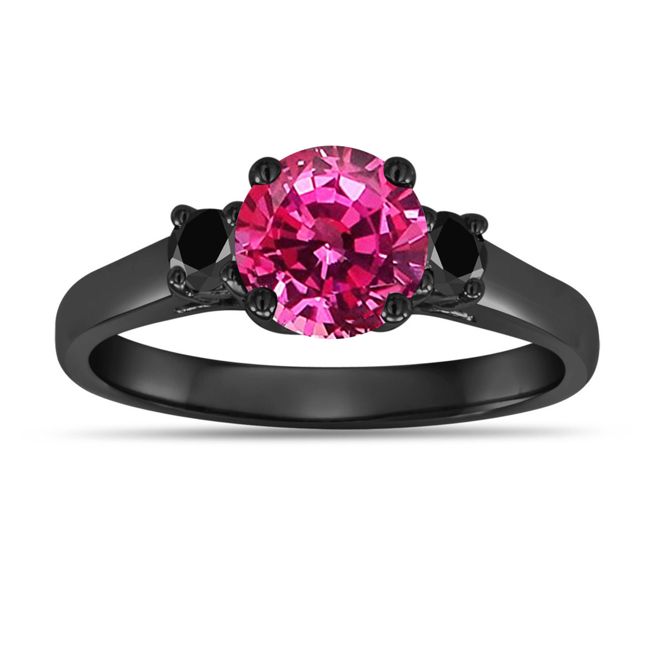 tusakha 3 Ctw Round Cut Pink Sapphire 14K Black Gold Over .925 Sterling  Silver Two Row Wedding Band Ring Size 7 For Men's