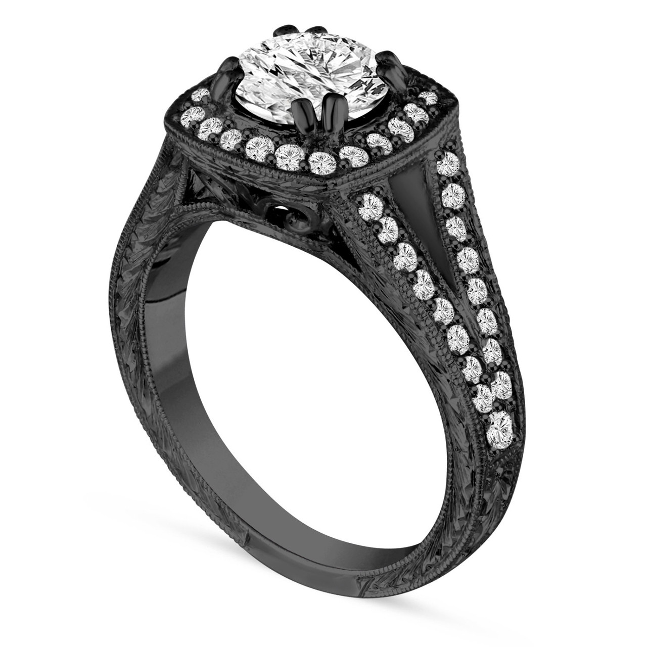 1.46 Carat Diamond Engagement Ring, Vintage Wedding Ring, Unique Antique  Style Hand Engraved 14K Black Gold GIA Certified Halo Pave handmade