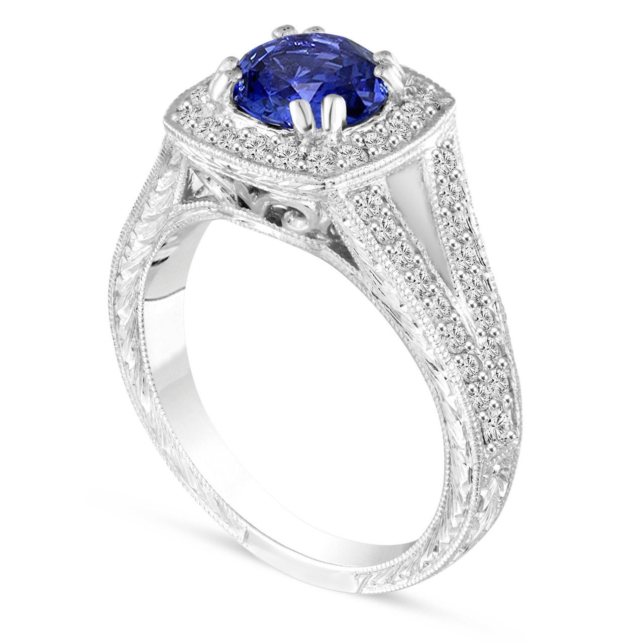 Round Diamond Ring With Sapphire Accents 14K White Gold 496A