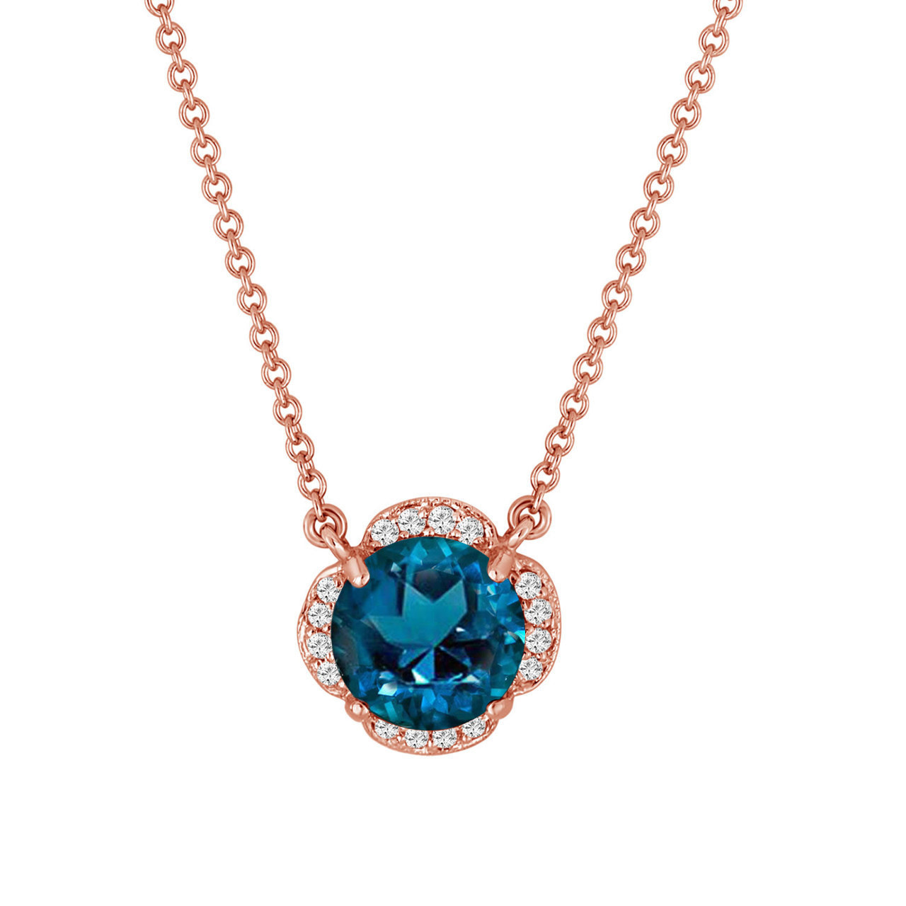 London Blue Topaz And Diamonds Solitaire Pendant Necklace Flower 14k