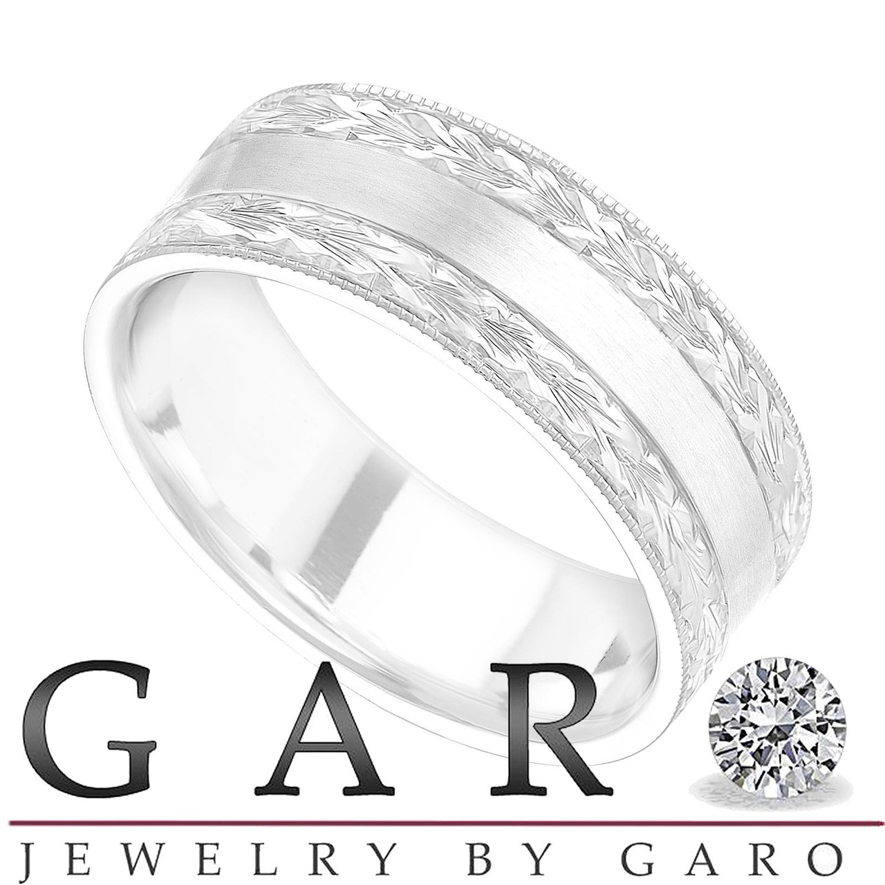 Hand Engraved Wedding Band, Men's Wedding Ring mm 14K White Gold