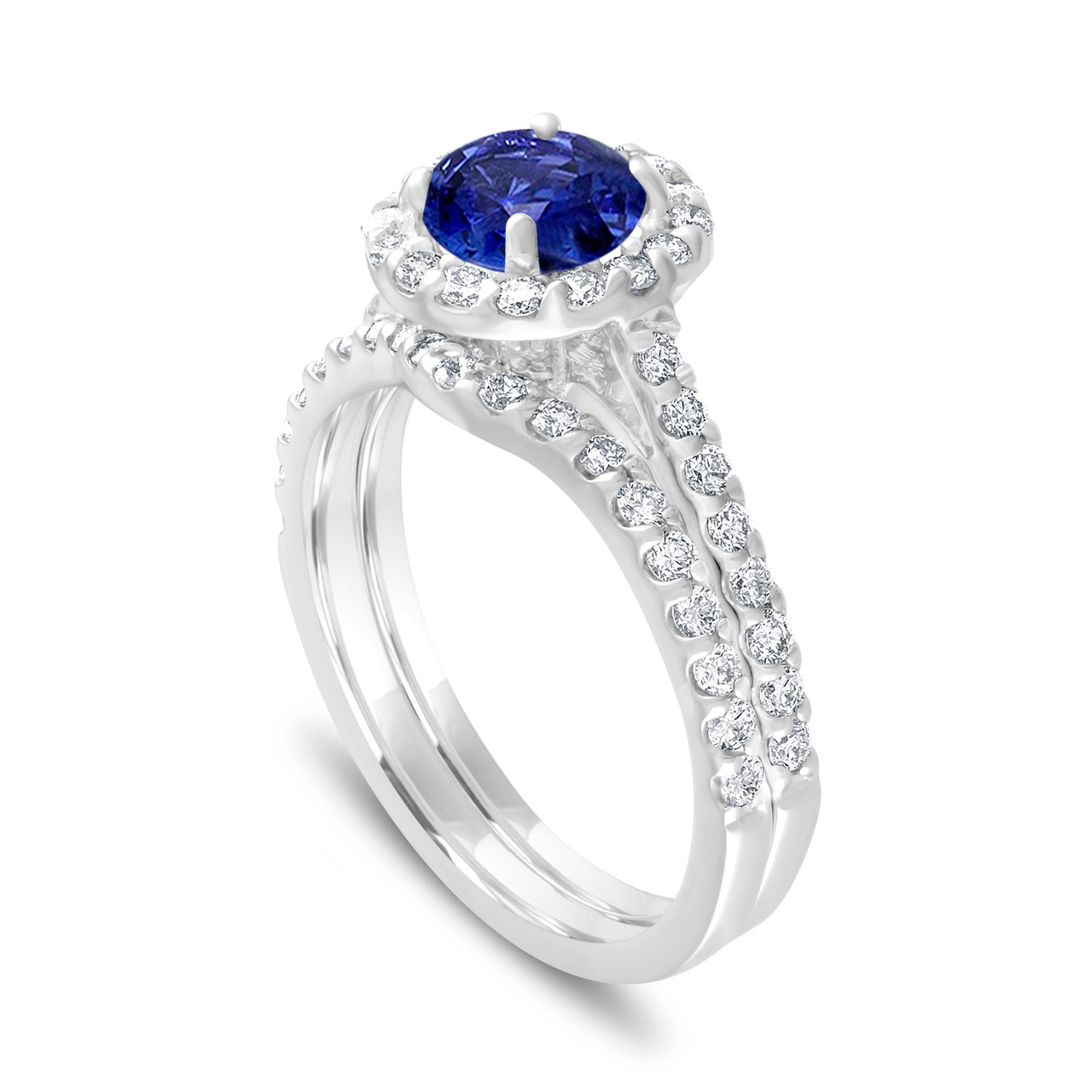 Sapphire Engagement Ring Set Diamond Bridal Ring Sets Blue Sapphire Wedding Set 1 83 Carat 14k White Gold Certified Halo Pave Handmade