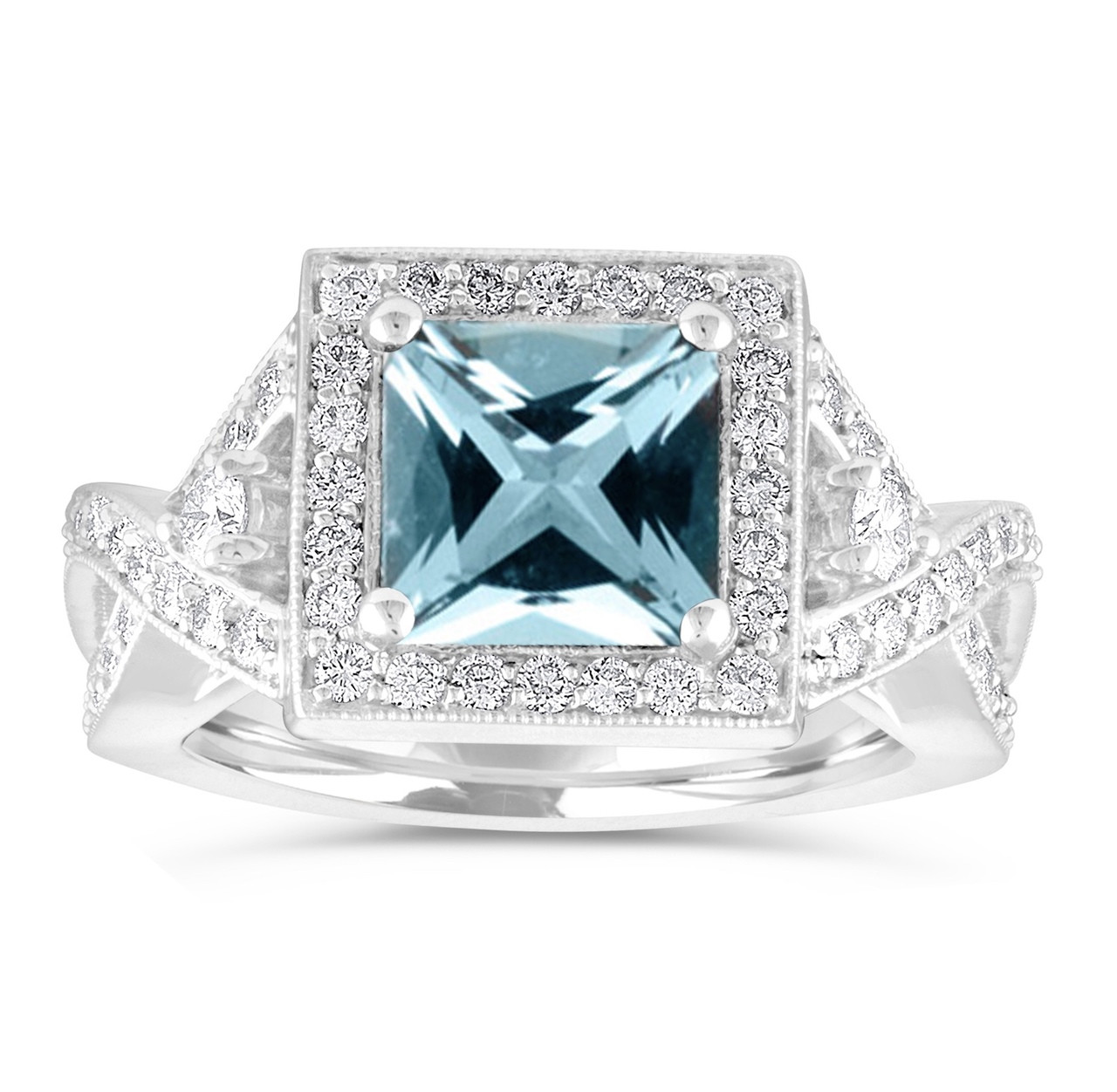 Aquamarine Cocktail Ring, Unique Princess Cut Anniversary Ring