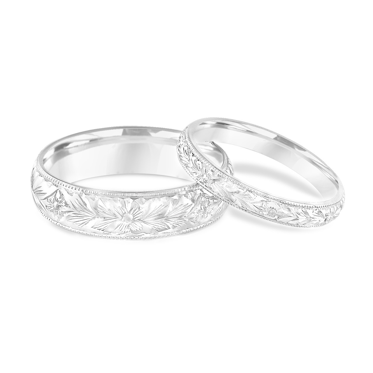 His and Hers Wedding Bands, Hand Engraved Matching Wedding