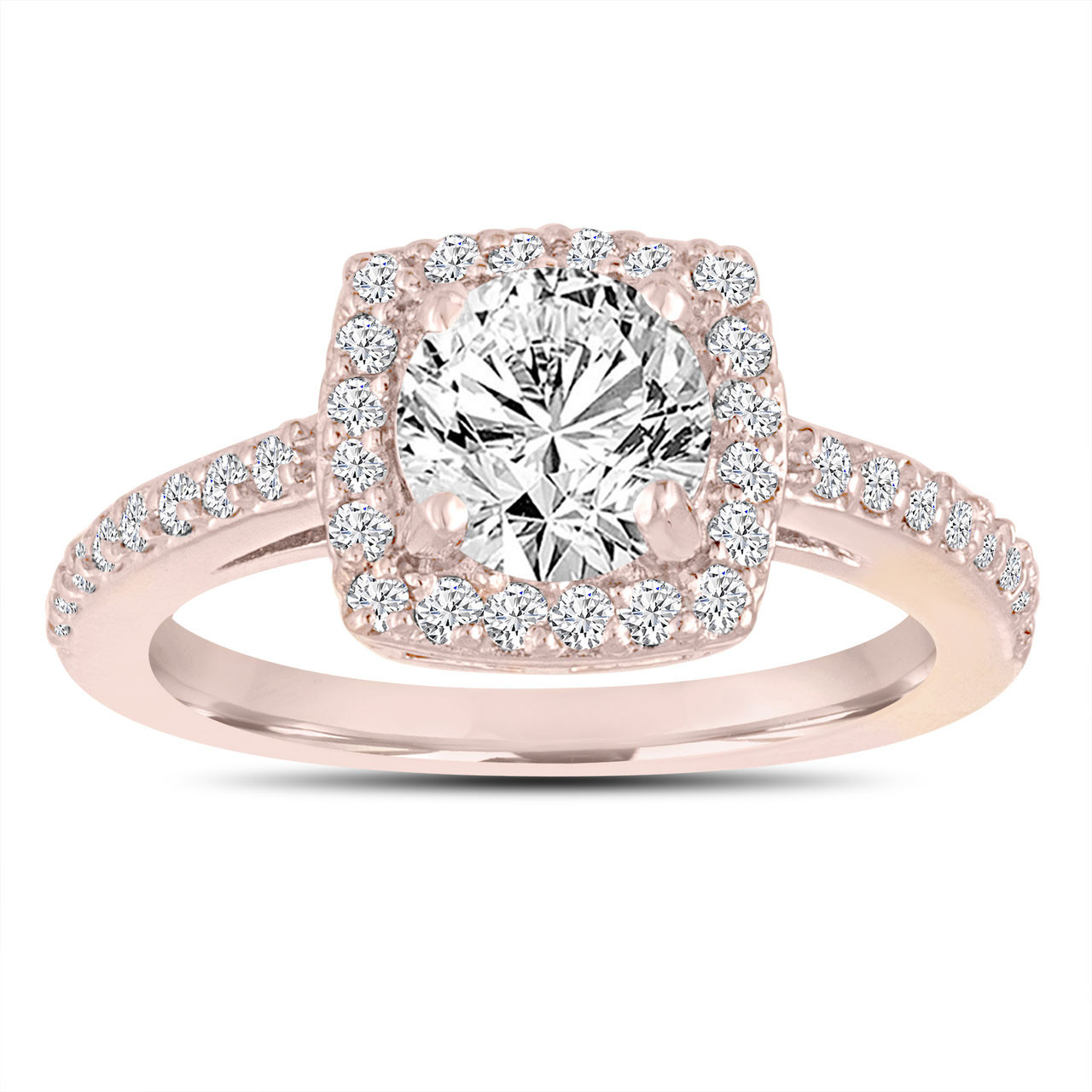 14K Rose Gold Pavé Halo and Shank Diamond Engagement Ring (Round Center)