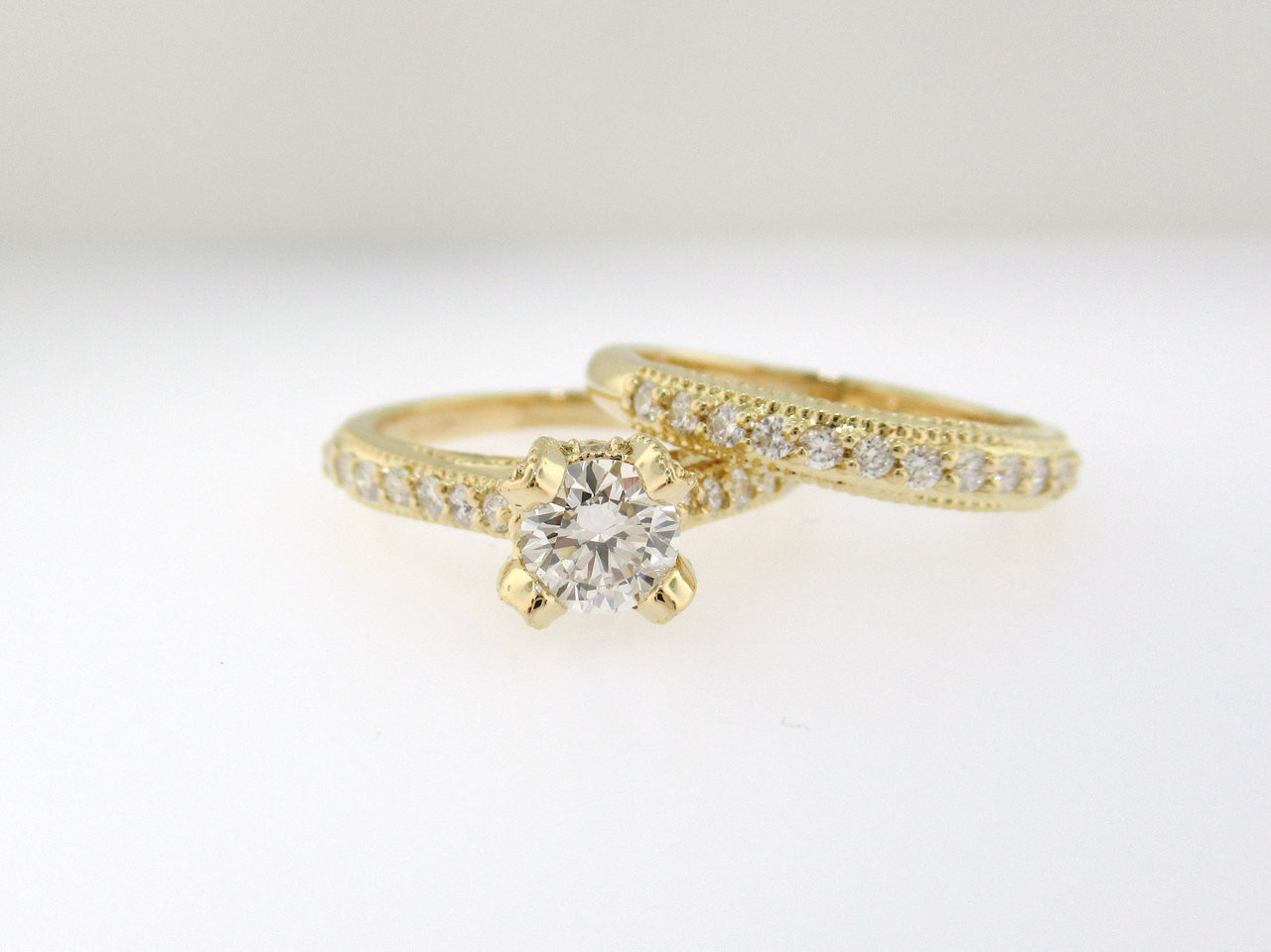 Diamond Engagement Ring Set 18k Yellow Gold, Vintage Wedding Ring Sets,  Diamonds Bridal Rings Set, 1.02 Carat GIA Certified Unique Handmade