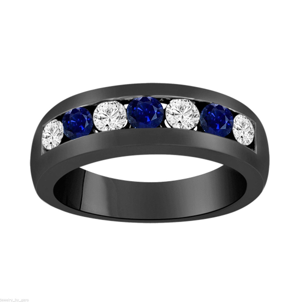Blue Sapphire Ring Black Band Blue Diamond Ring Alternating Blue