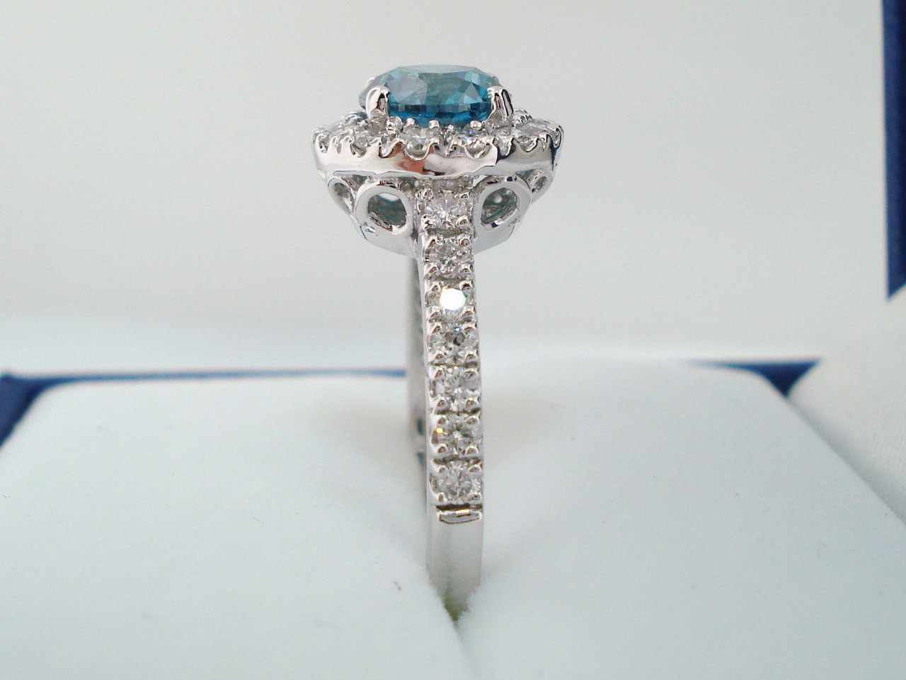 1.79 Carat Blue Diamond Engagement Ring, 14K White Gold Unique Halo ...