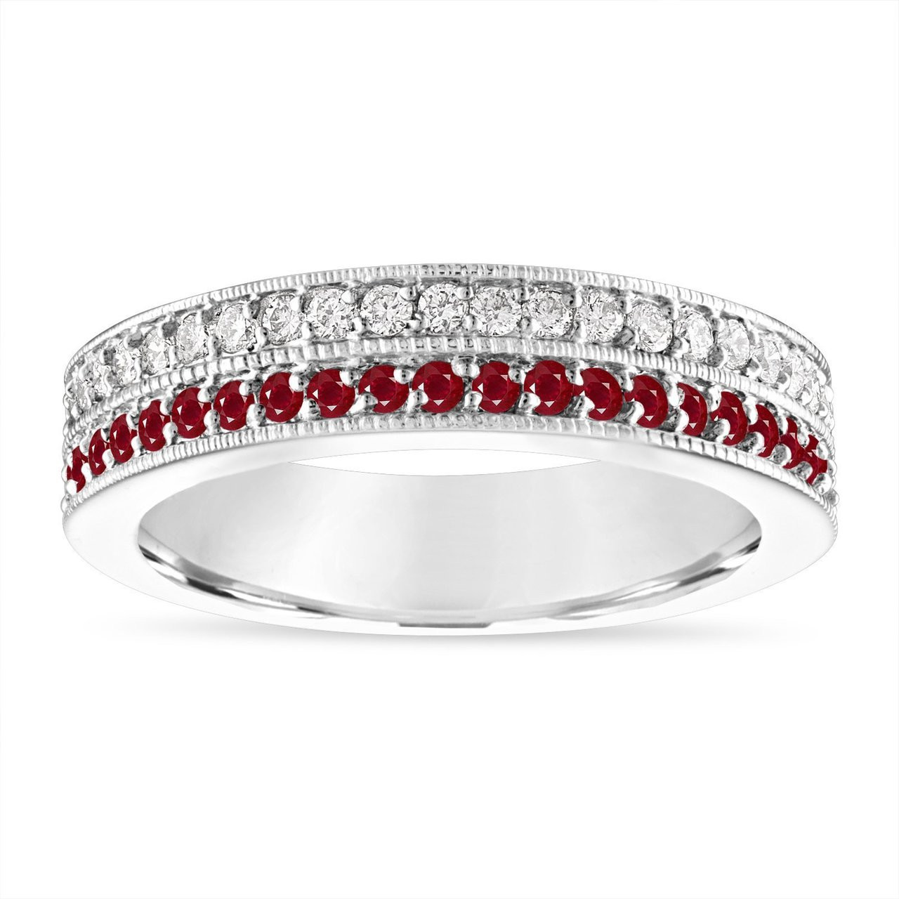 Thick Wedding Diamond Band With Ruby In 14K White Gold