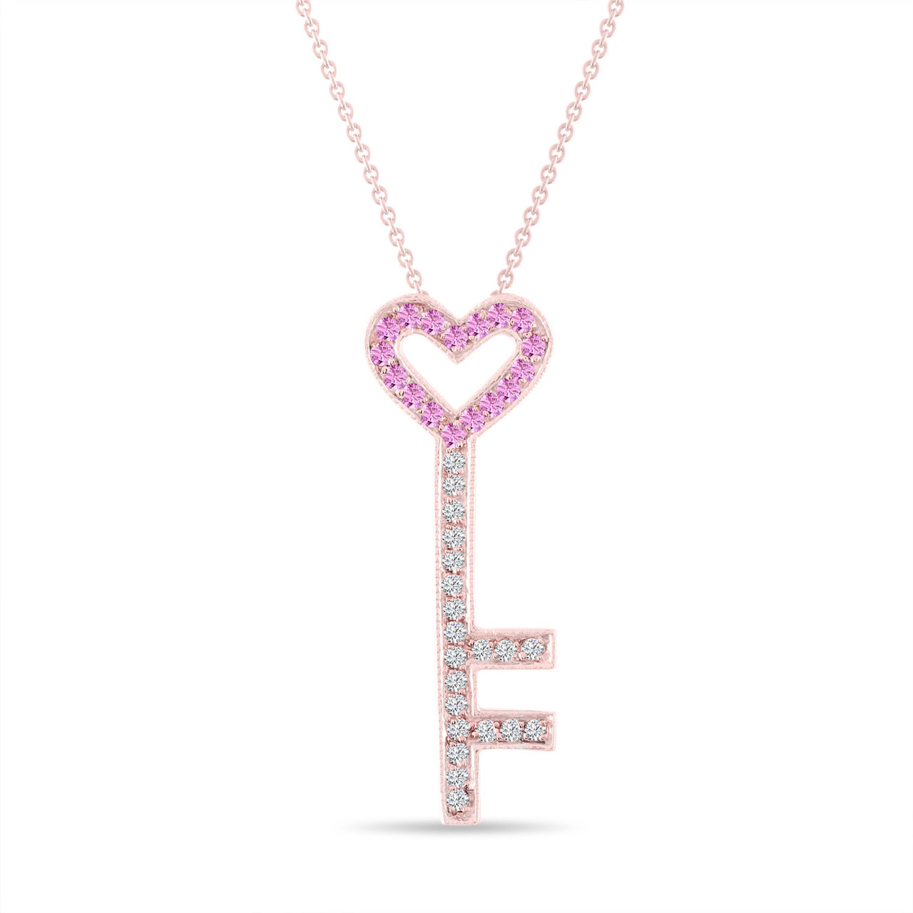 Diamond Heart Lock and Key Necklace in 14k Rose Gold Plate and