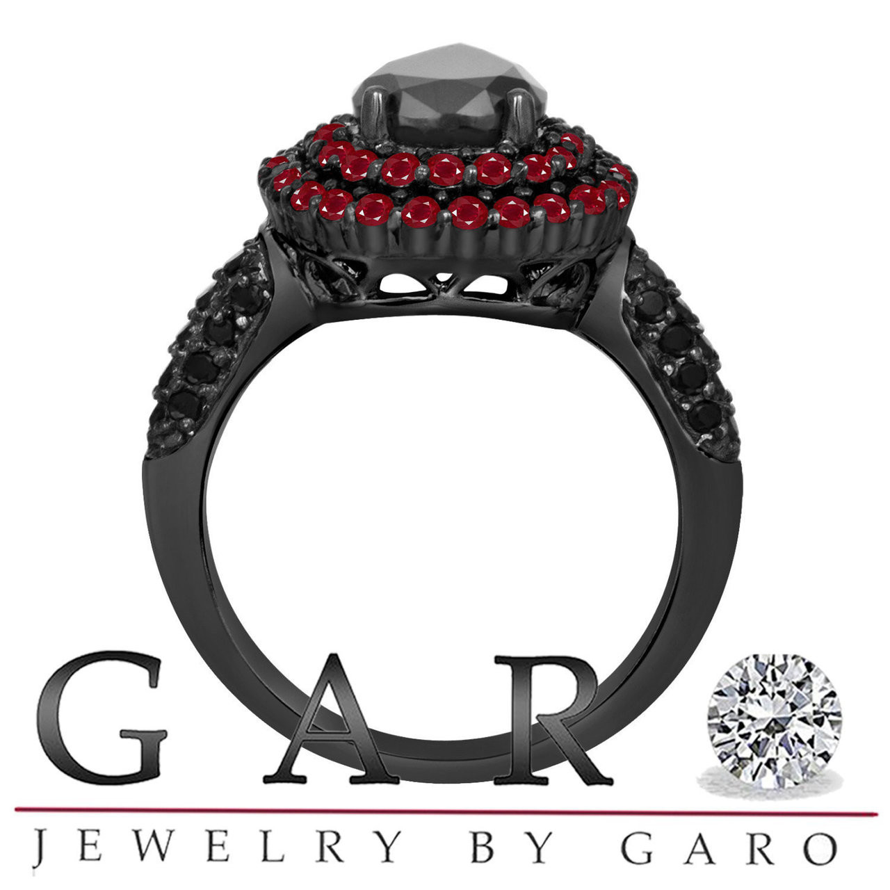 Black Diamond Rubies Engagement Ring 14K Black Gold Vintage