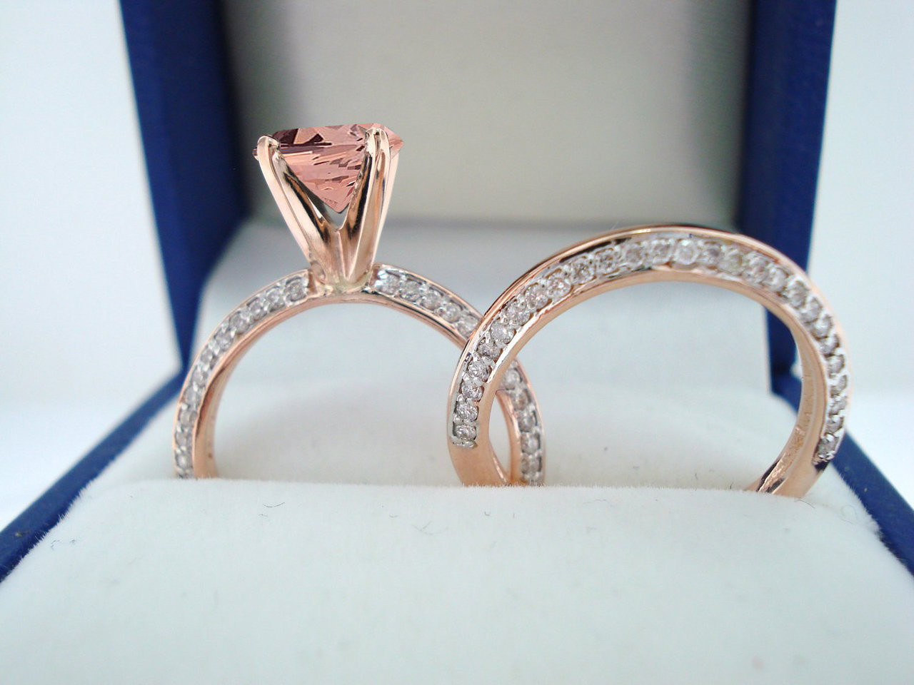 Morganite Engagement Ring Set, Rose Gold Pink Morganite and