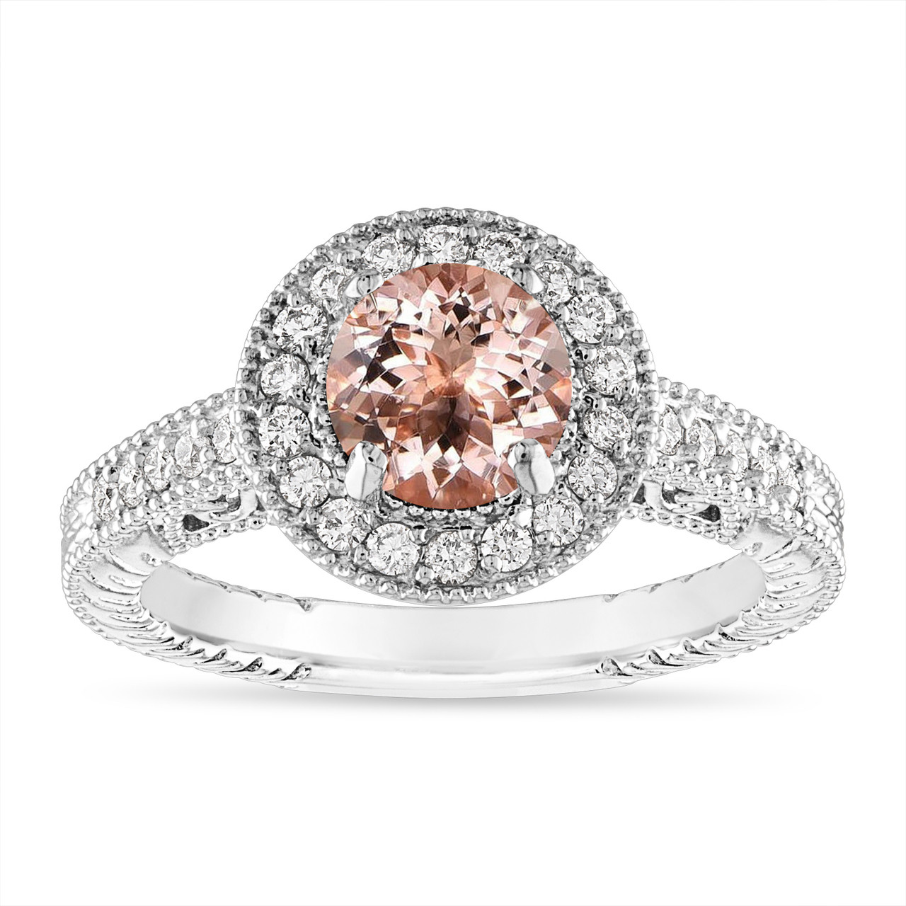 Morganite and Diamond Engagement Ring 1.14 Carat Vintage Halo 14K White ...