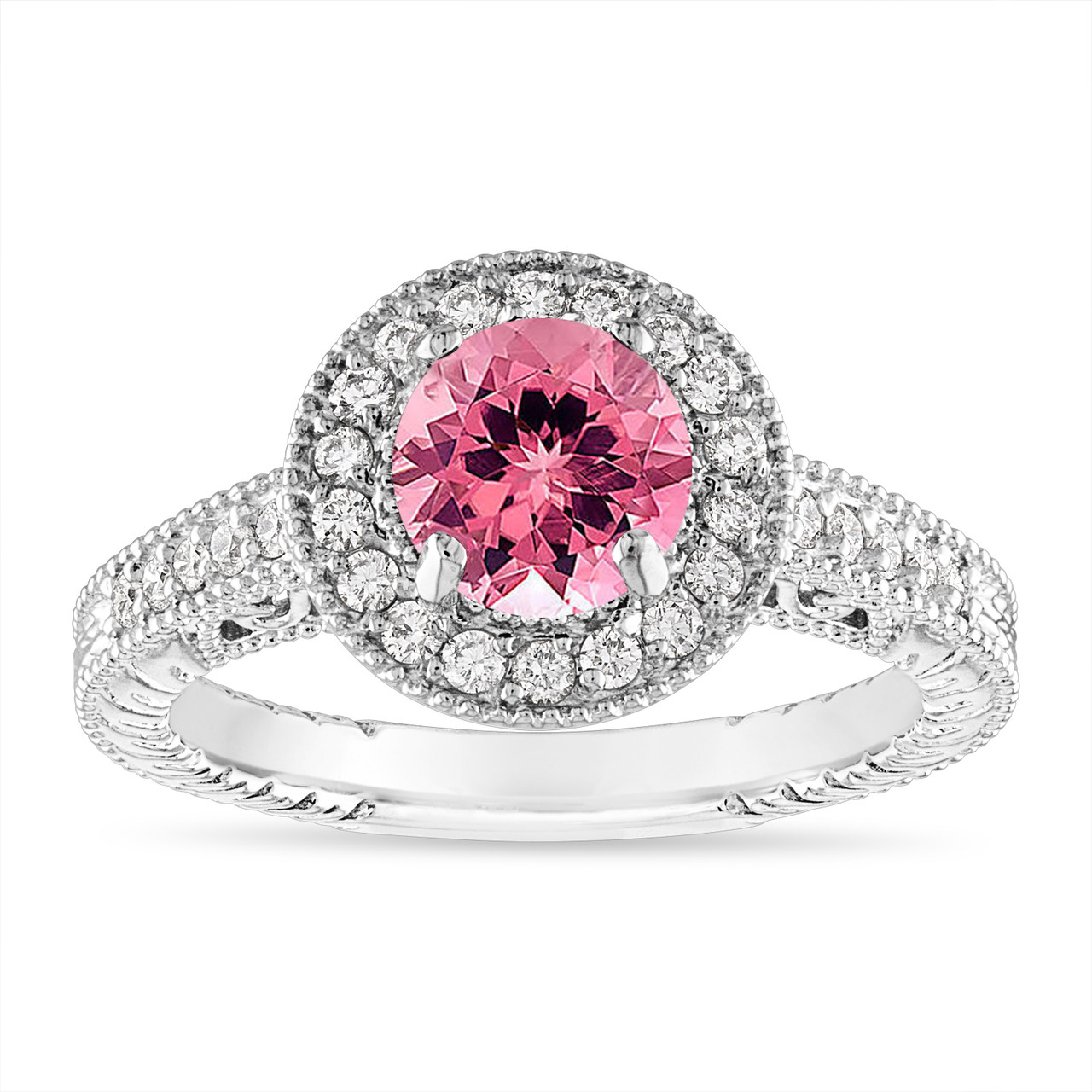 Pink Tourmaline Engagement Ring 1.28 Carat Vintage Halo 14K Rose Gold ...