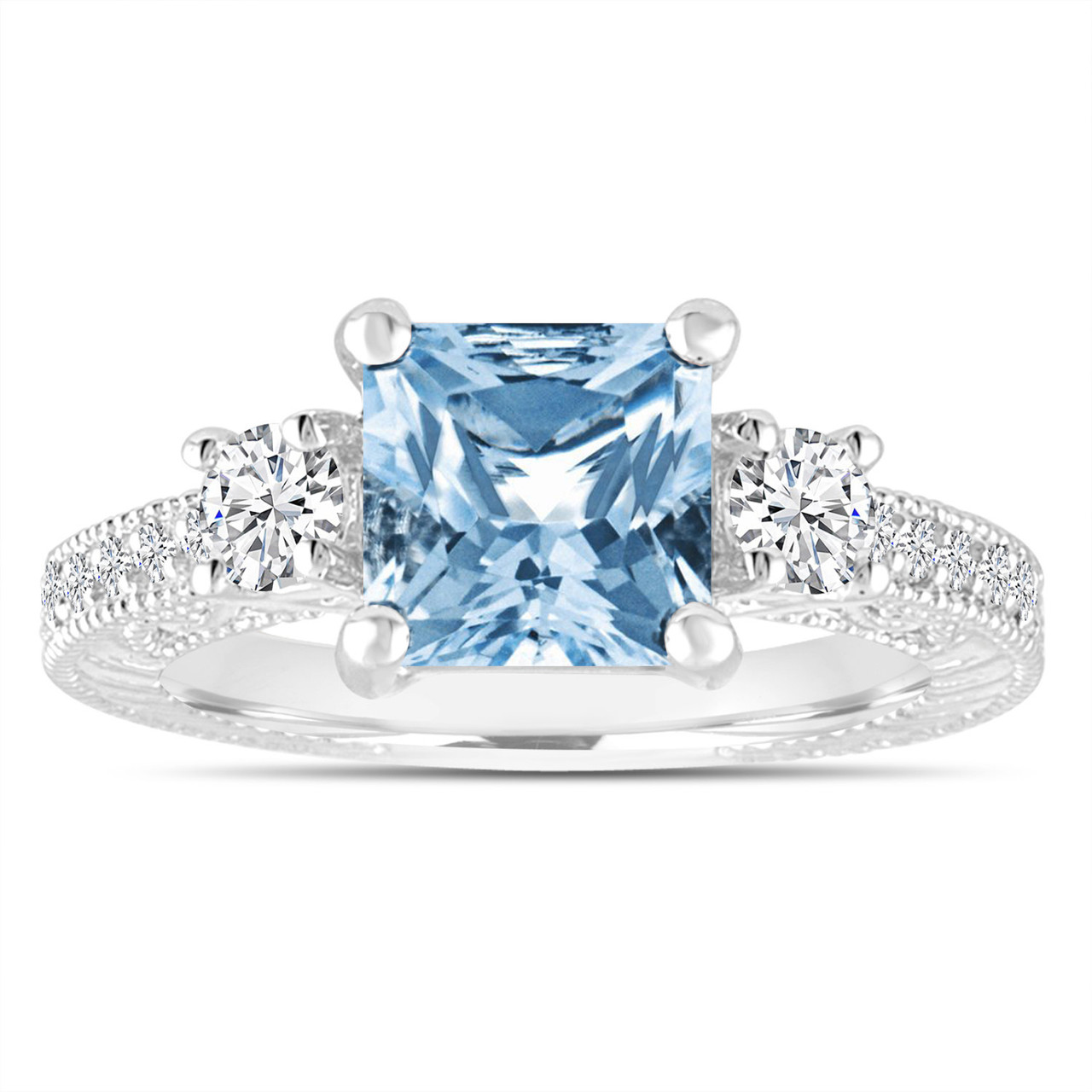 Blue Topaz Diamonds Engagement Ring, Princess Cut Vintage Scroll