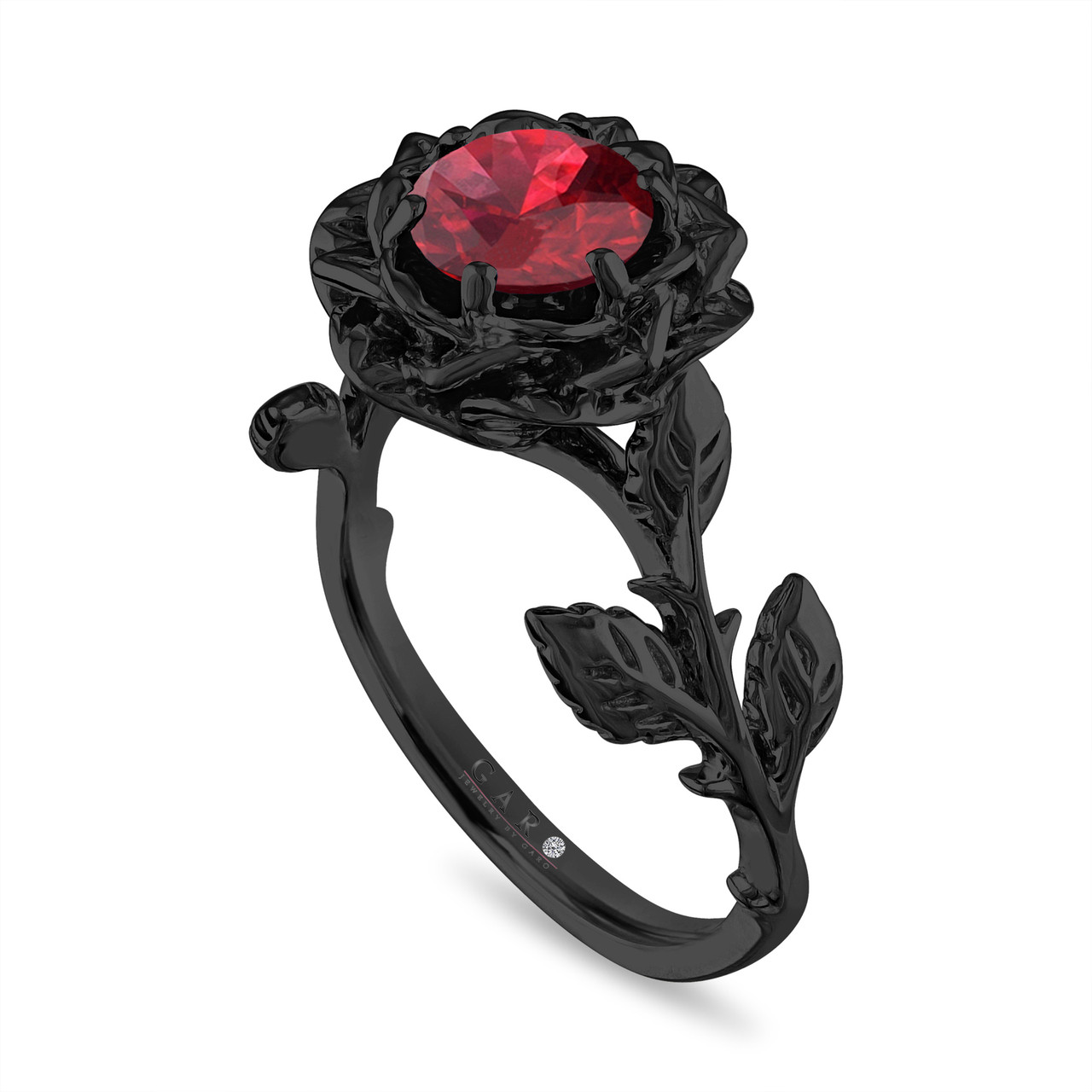 Unique Garnet Engagement Ring, Rose Flower Wedding Ring, Floral Leaf  Vintage Ring, 14K Black Gold Handmade Certified