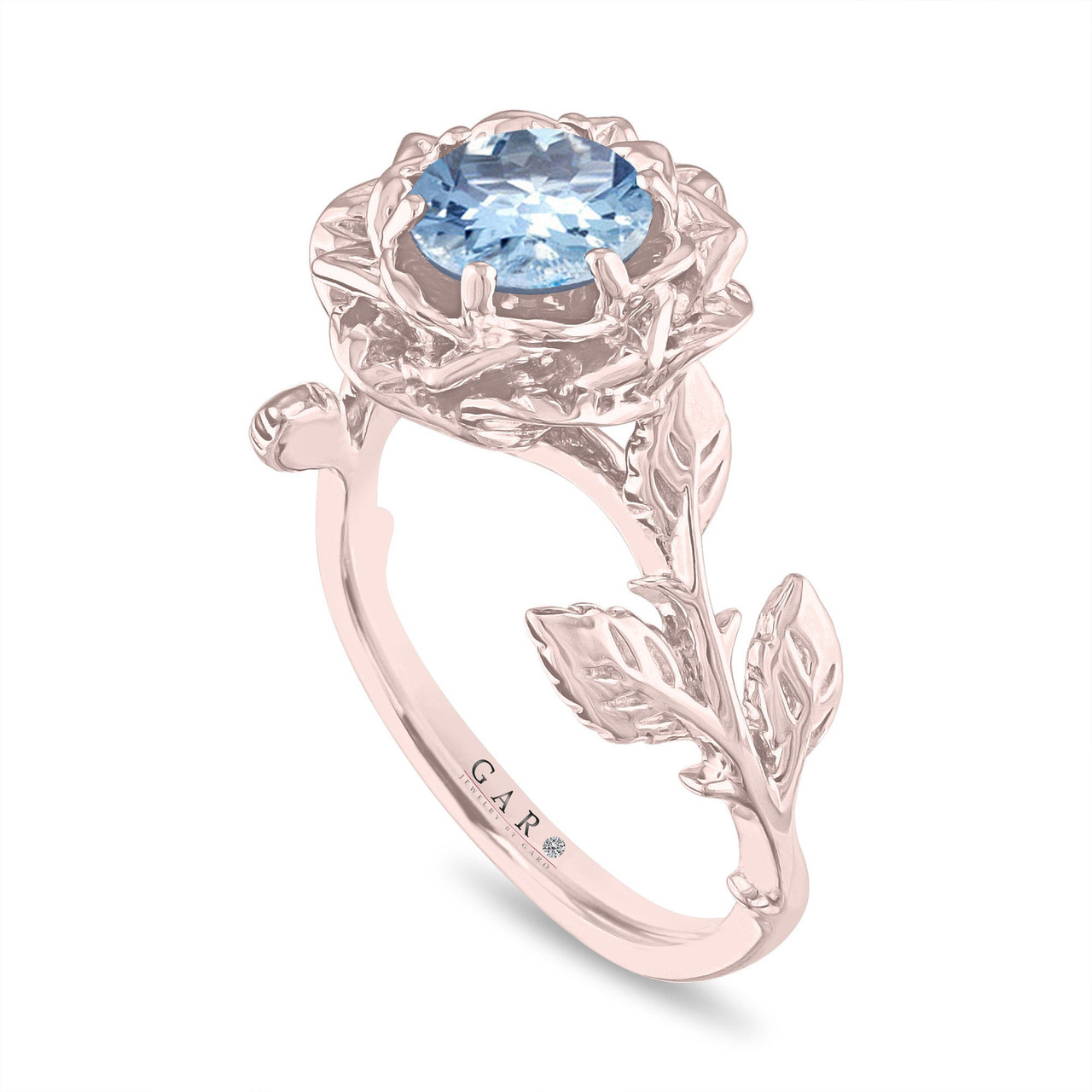 Floral Aquamarine Engagement Ring, Rose Flower Ring, Unique Leaf