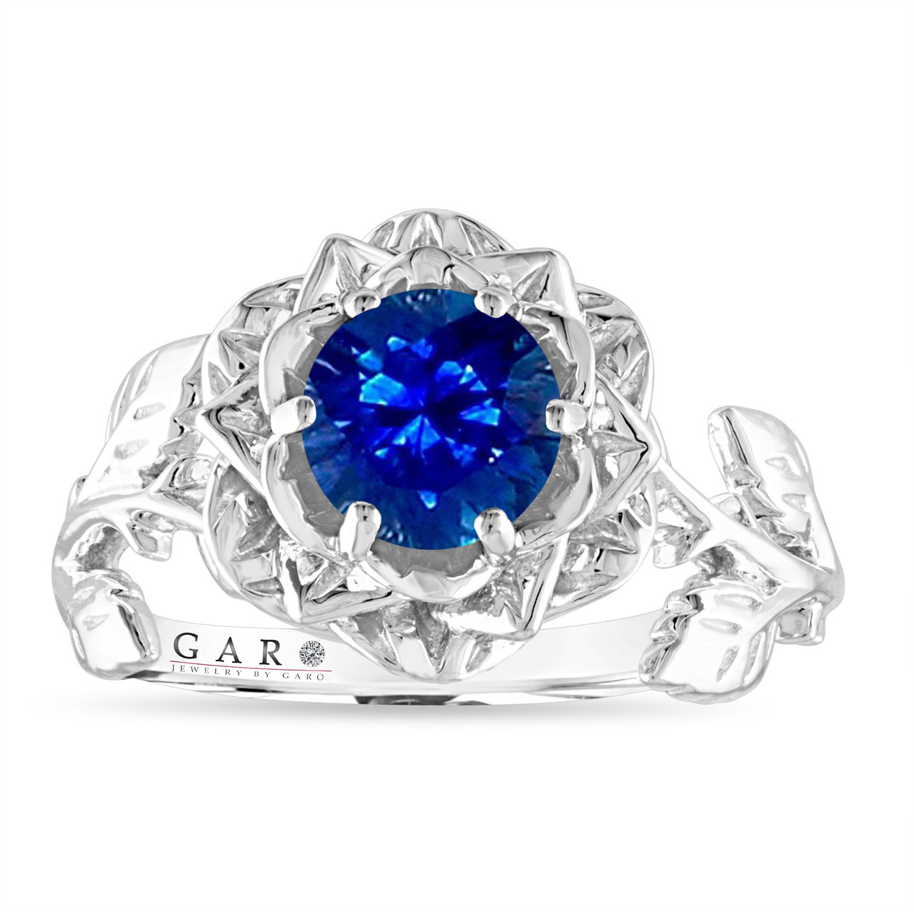 Sapphire Flower Engagement Ring, Rose Floral Ring, Unique Leaf
