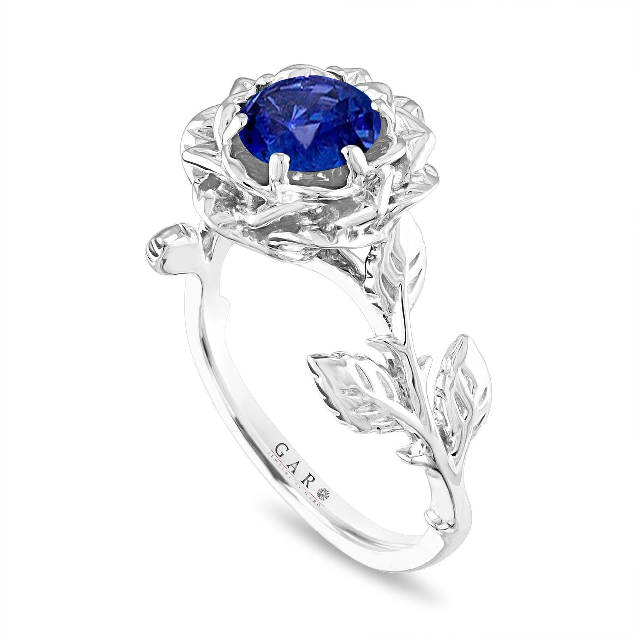 Flower Engagement Ring With Sapphire & Diamonds, 14k or 18k Solid Gold 