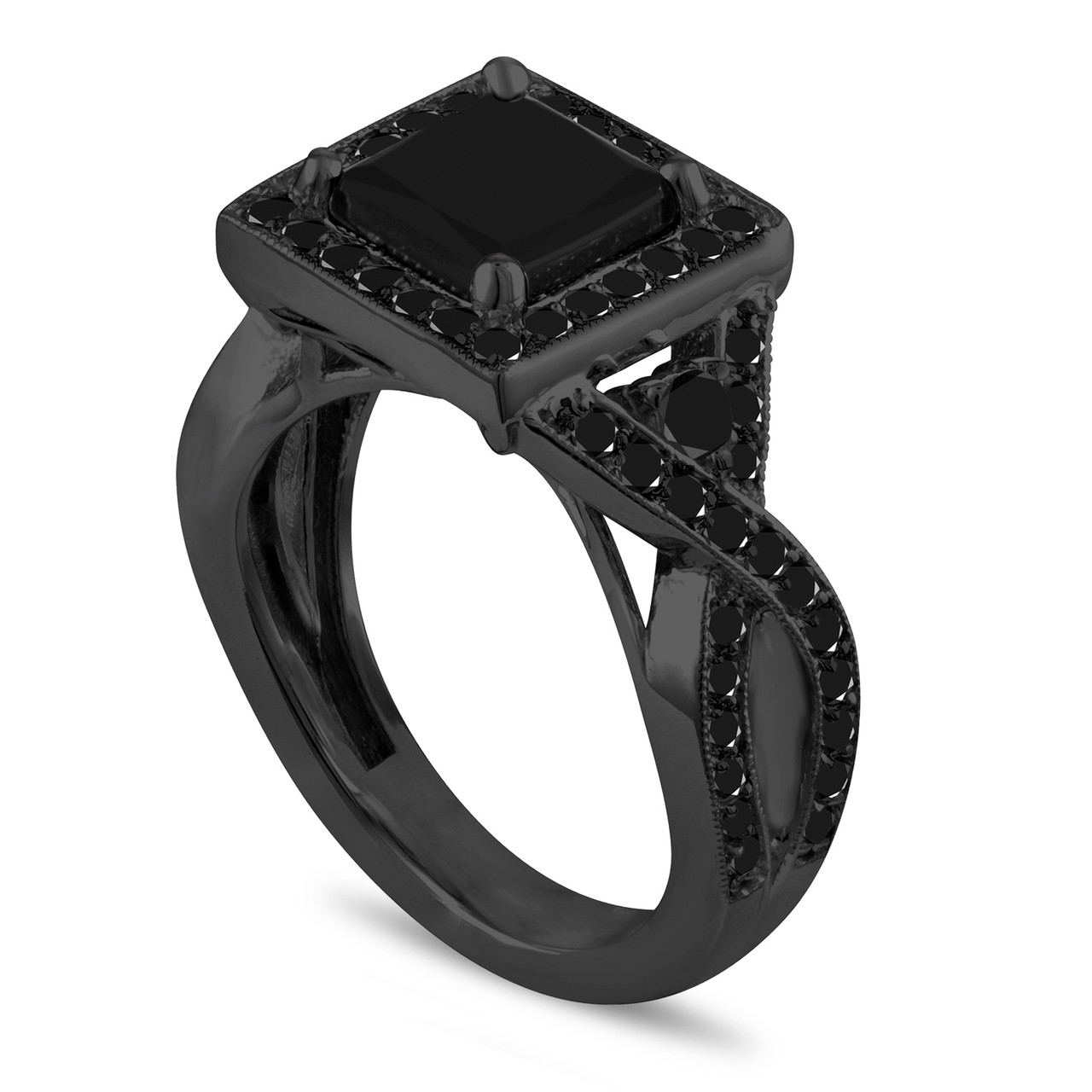 Princess Cut Black Diamond Engagement Ring, 2.65 Carat Halo