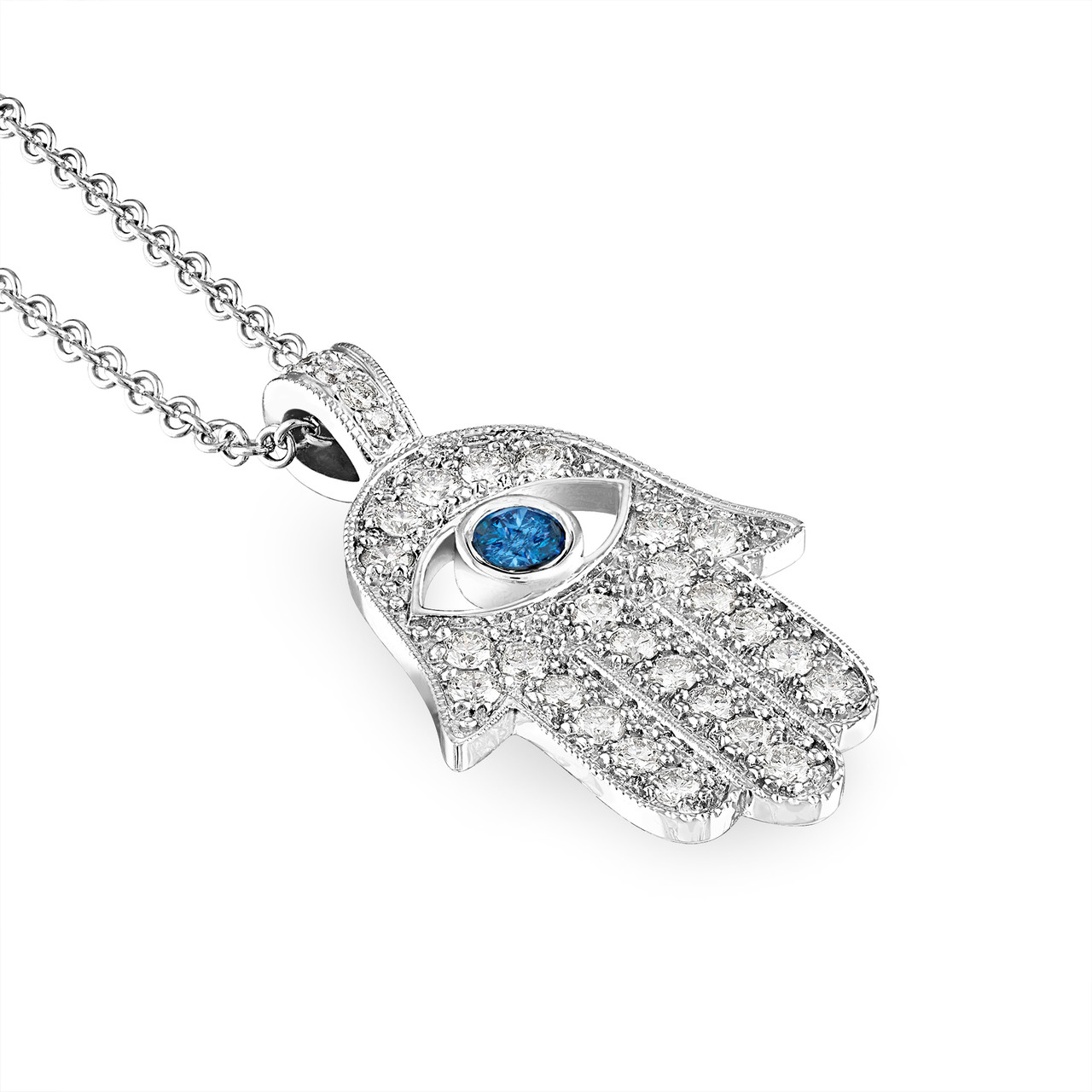 Ruby and Diamond Hamsa Pendant in 14K White Gold