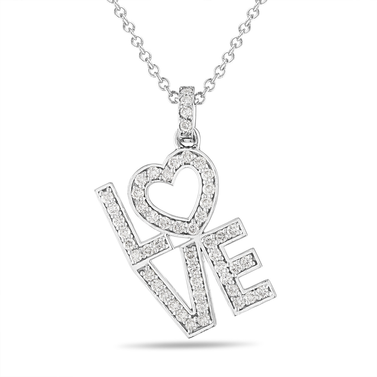 Love Diamond Pendant Necklace, Pave Heart 0.51 Carat 14K White Gold or ...