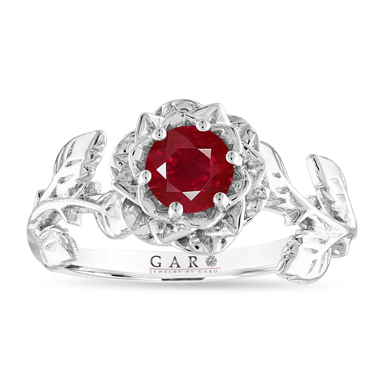 Platinum Ruby Floral Engagement Ring, Rose Flower Anniversary Ring