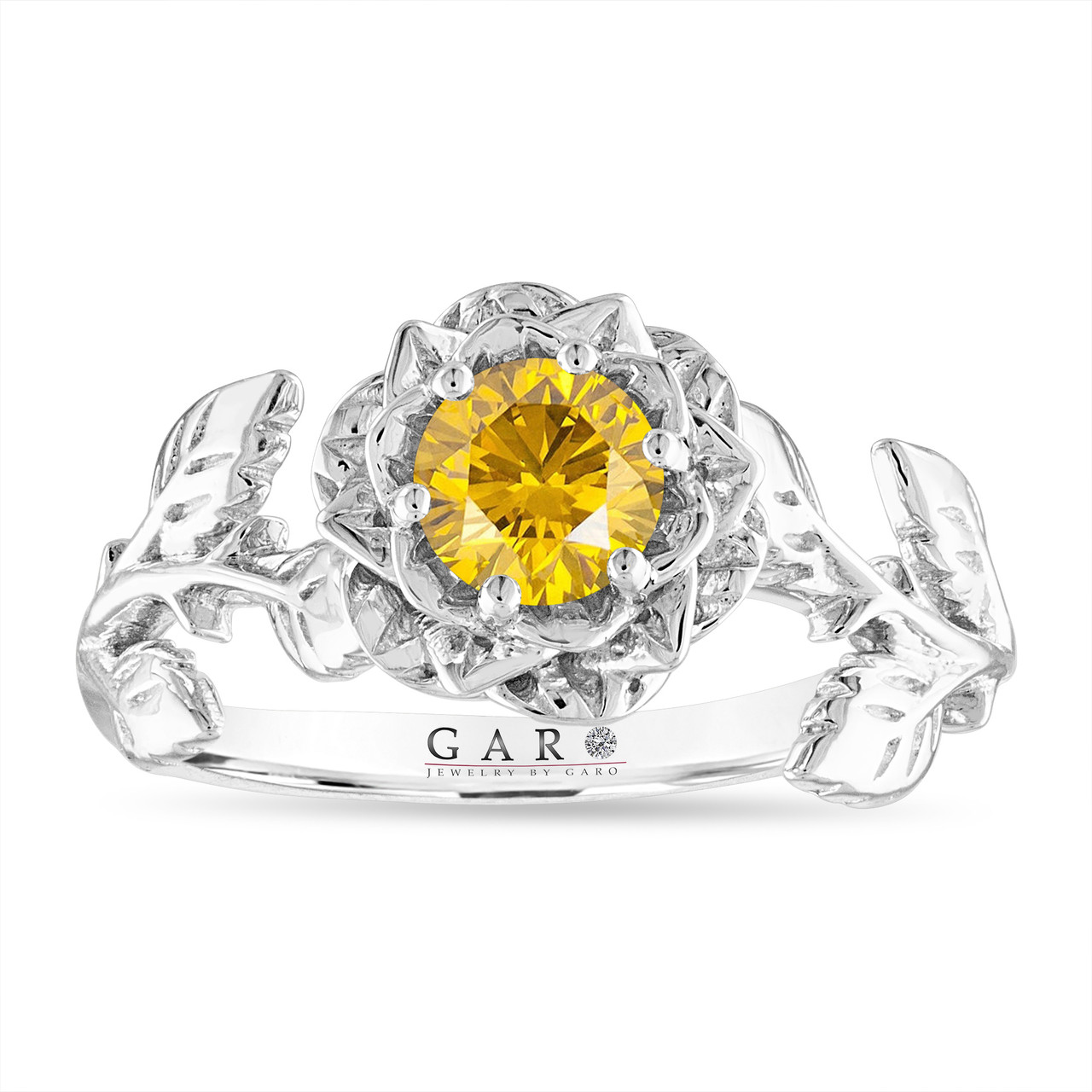 Fancy Yellow Diamond Floral Engagement Ring, Rose Floral Solitaire Ring,  Unique VS1 0.50 Carat 14K White Gold Certified