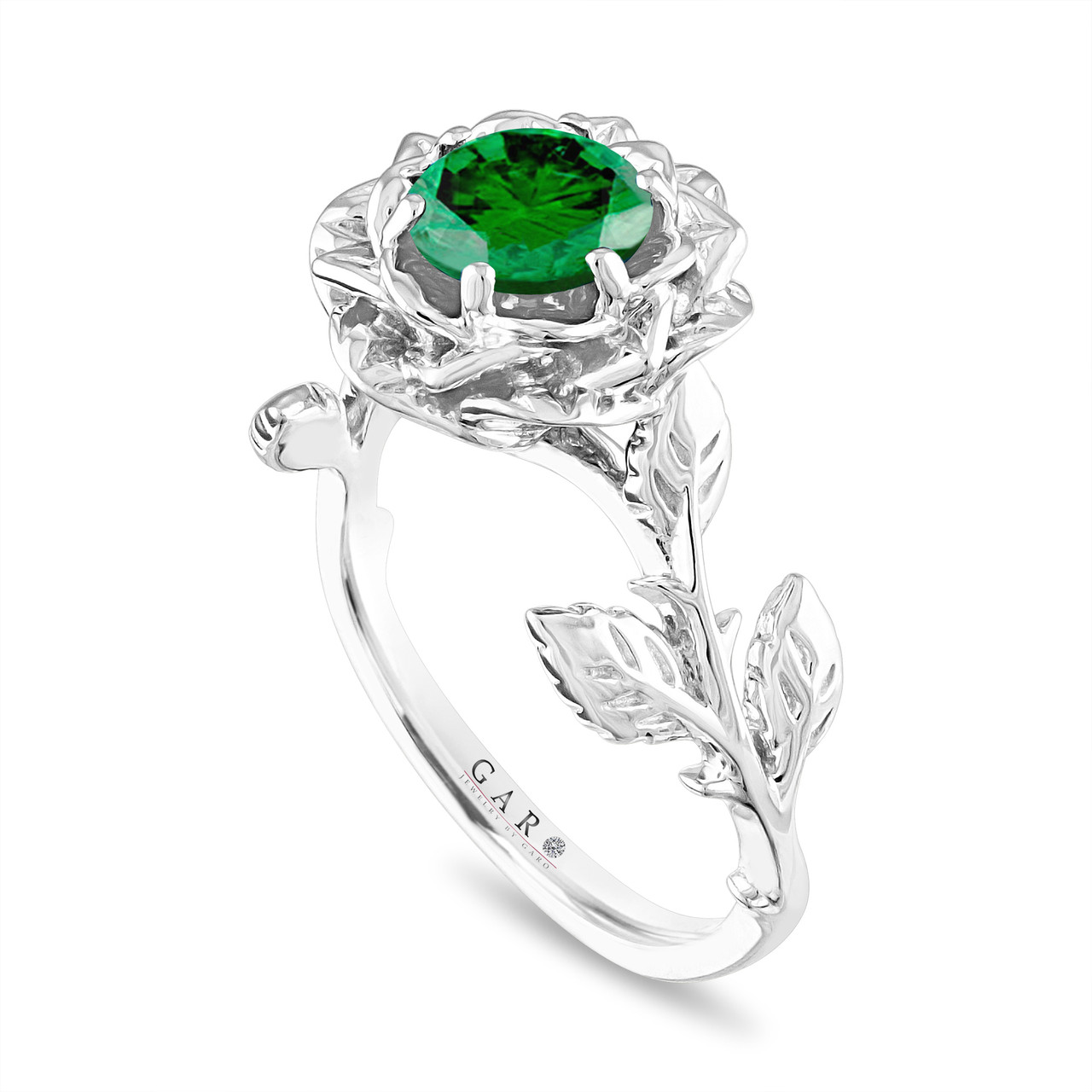 Green Diamond Floral Engagement Ring, Rose Flower Ring Unique 0.50 Carat 14K White Gold Handmade