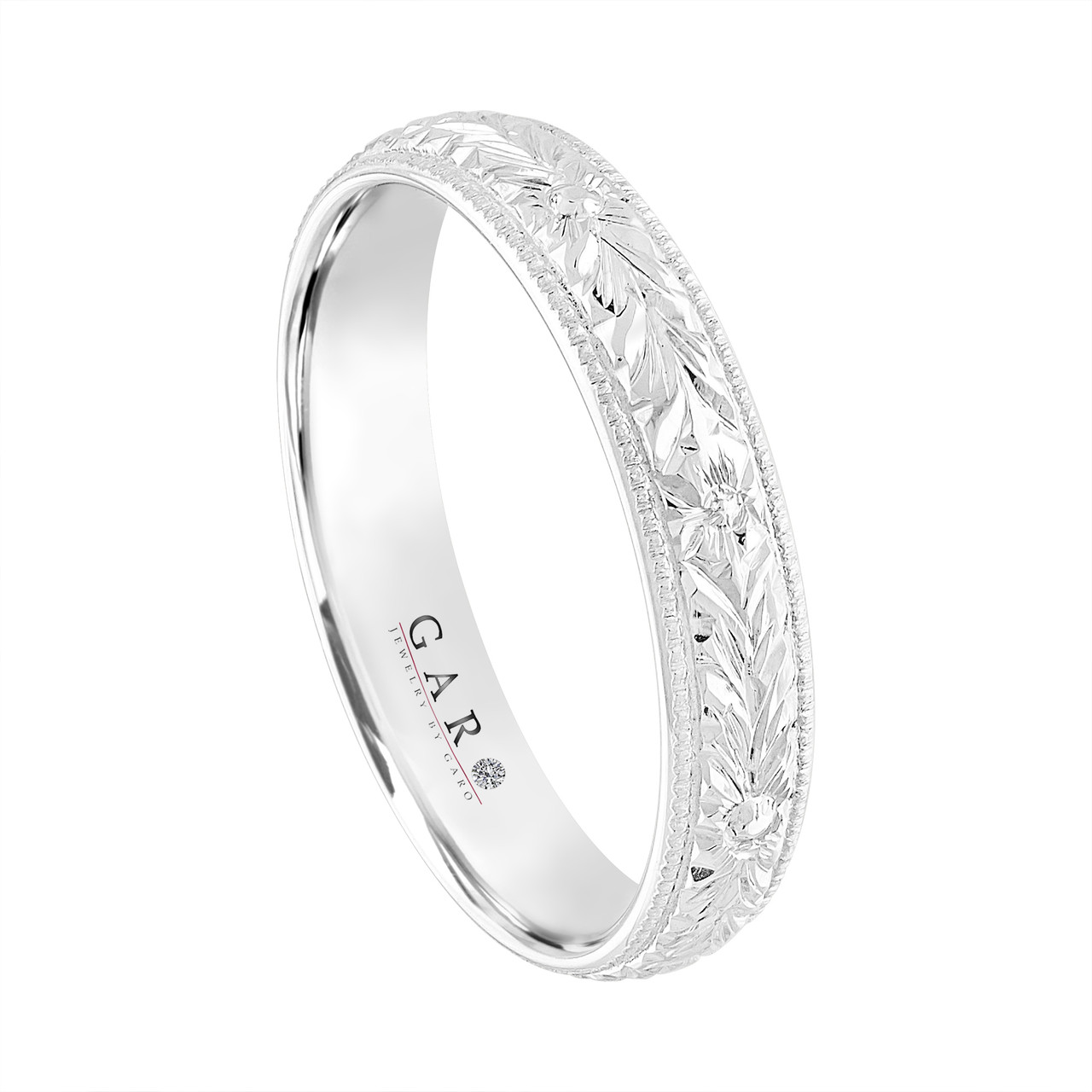 Hand Engraved Platinum Wedding Band, 4 mm Vintage Wedding Ring, Unique