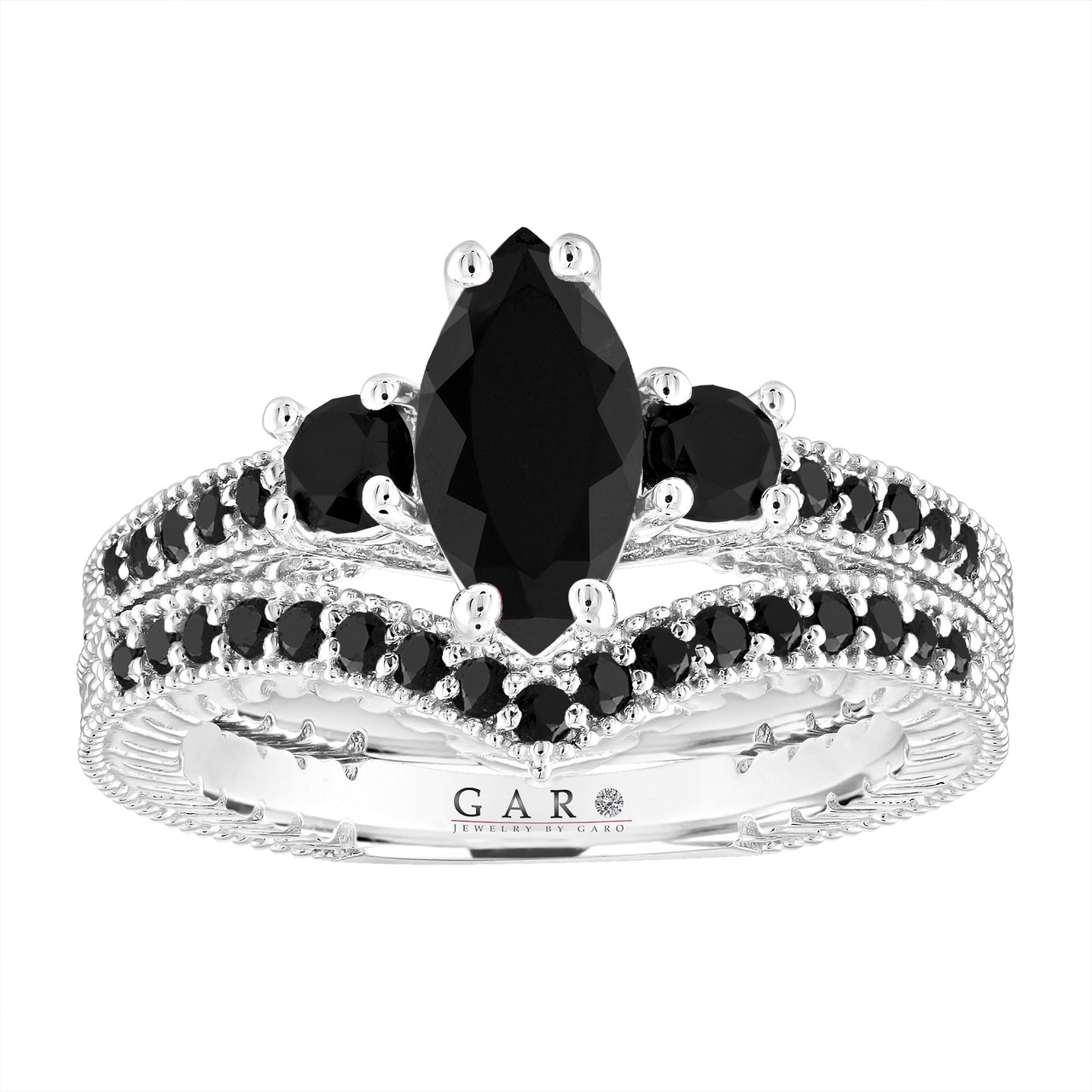 Marquise Black Diamond Engagement Ring and Wedding Band Set