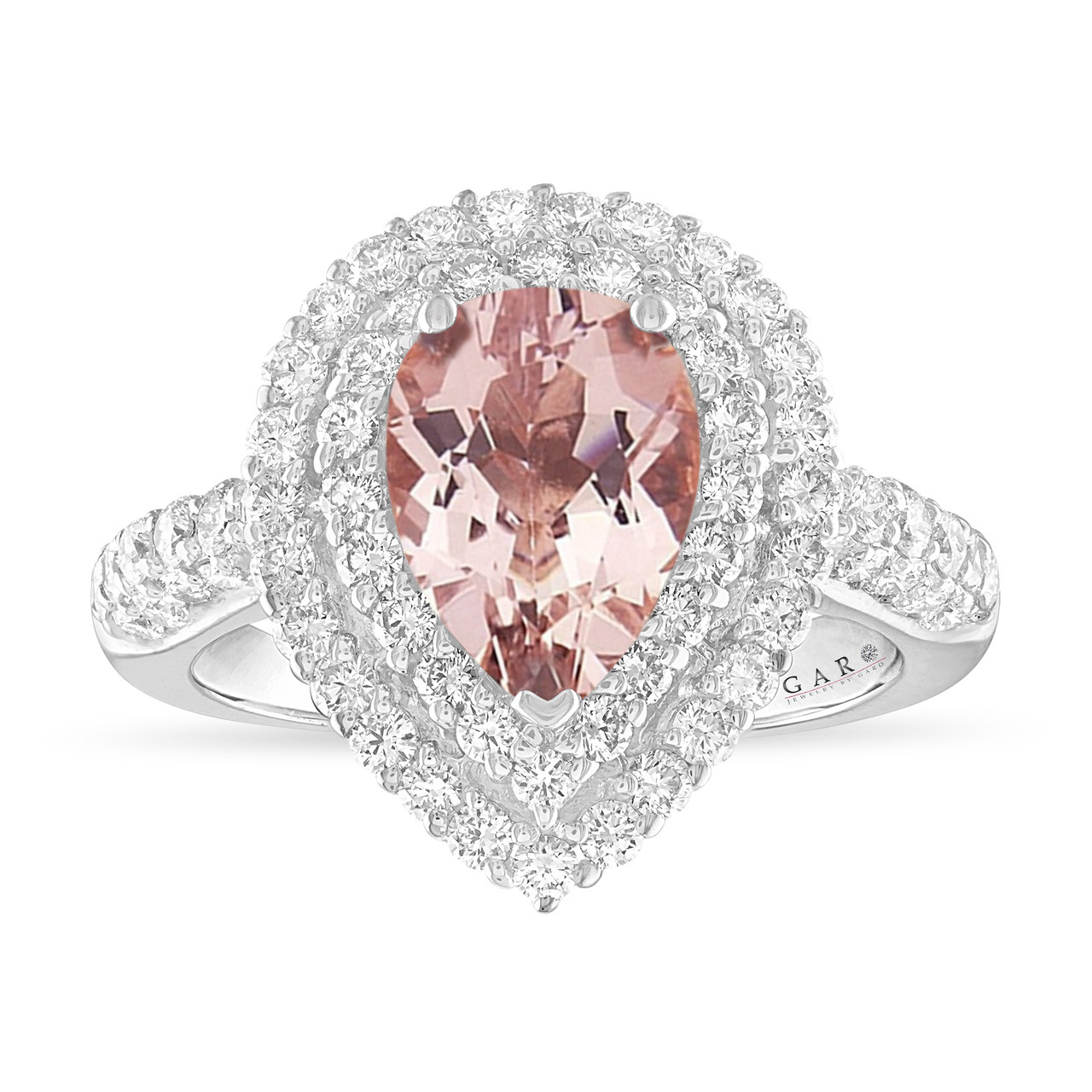 Pear Shaped Morganite Engagement Ring Double Halo 14k White Gold