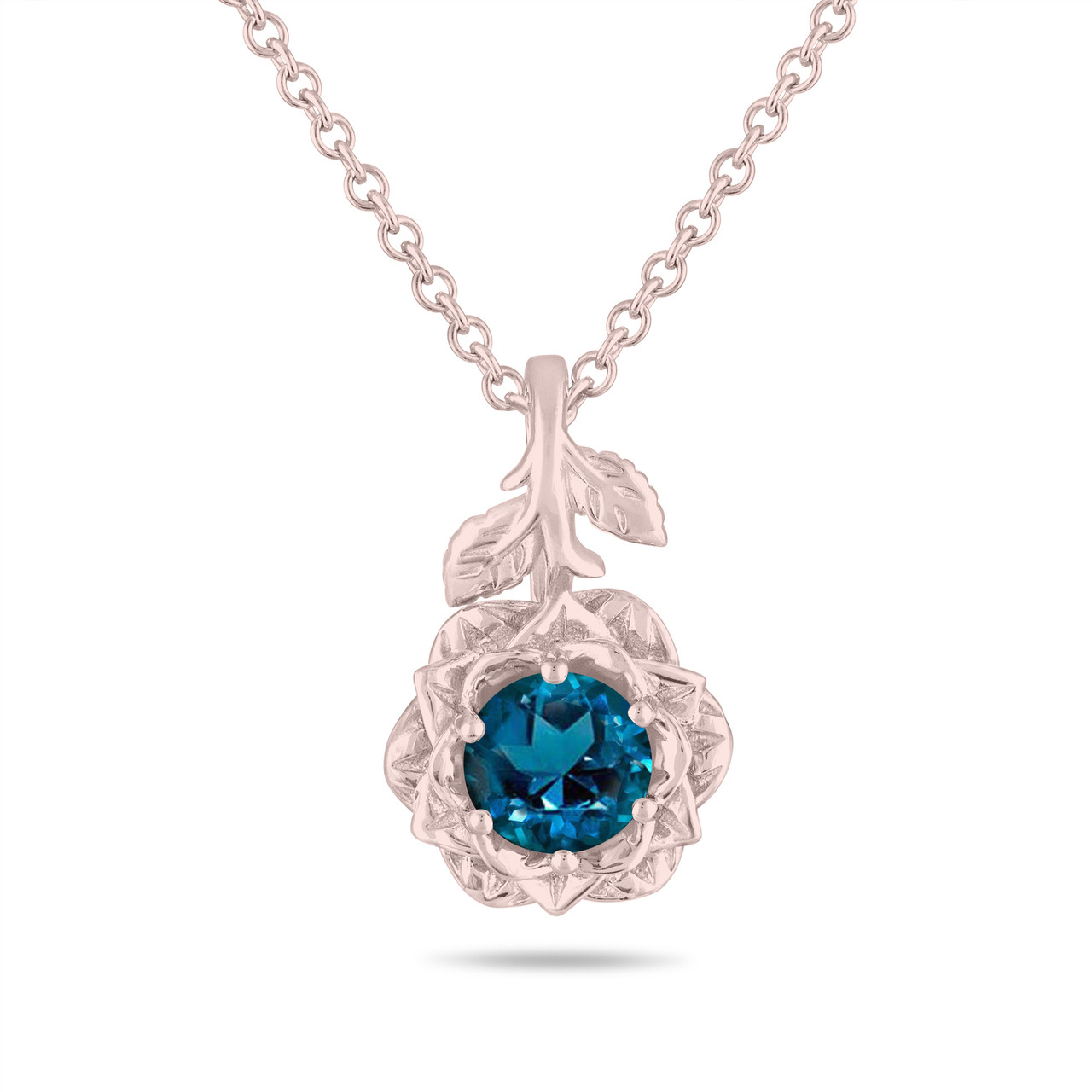 Carat London Blue Topaz Floral Pendant Necklace, Rose Flower Solitaire Unique 14K White Gold Or Rose Gold Handmade Certified